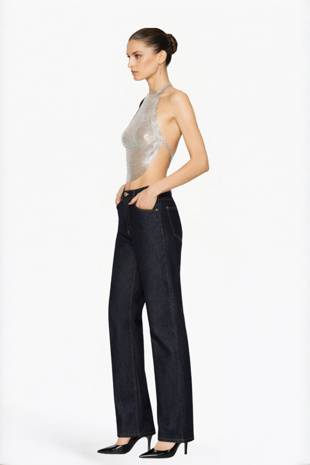 Dark Indigo Wide-Leg Pleated Jeans