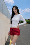 Red Tiered Ruffle Velvet Micro Shorts