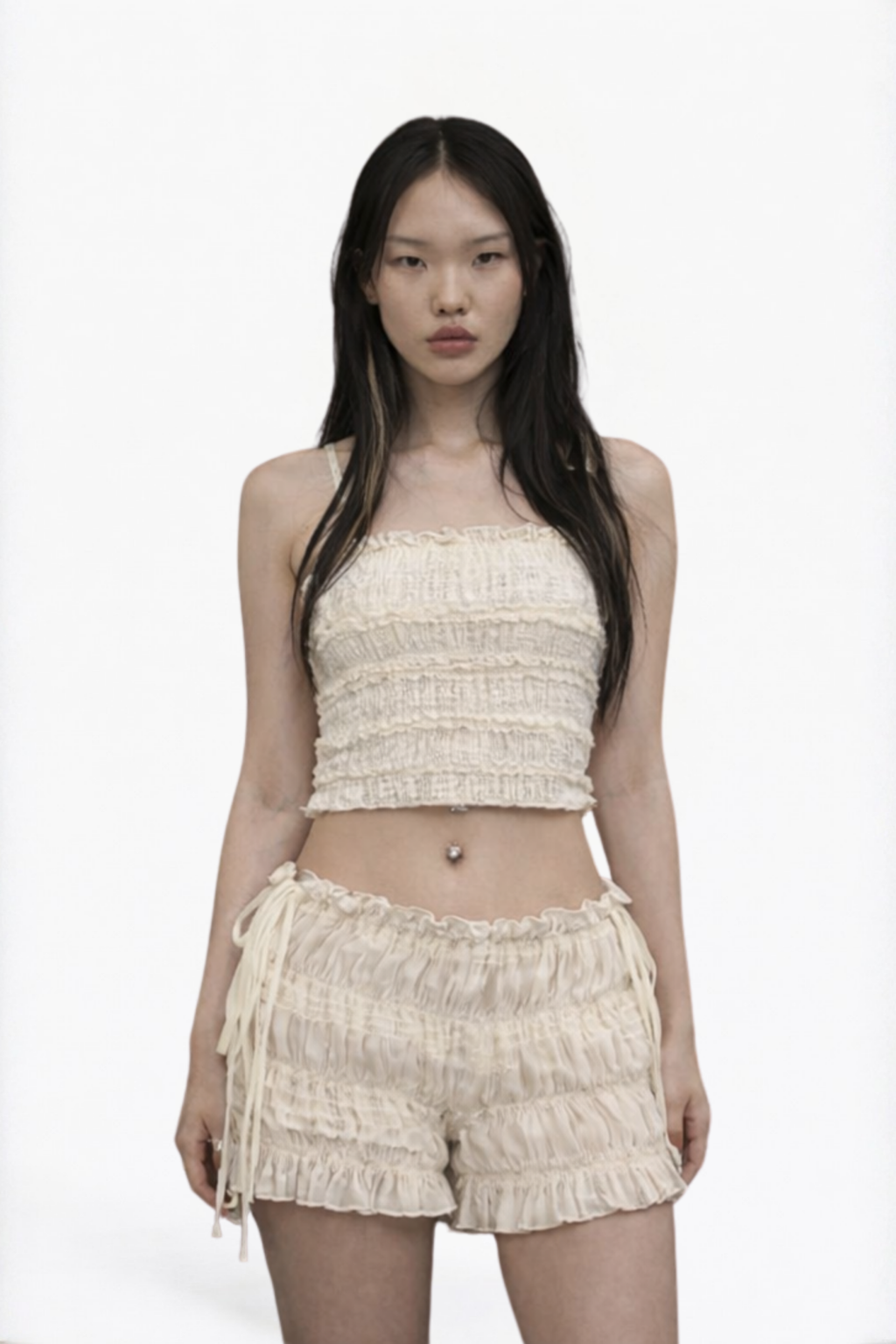 Ivory Tiered Ruffle Velvet Micro Shorts