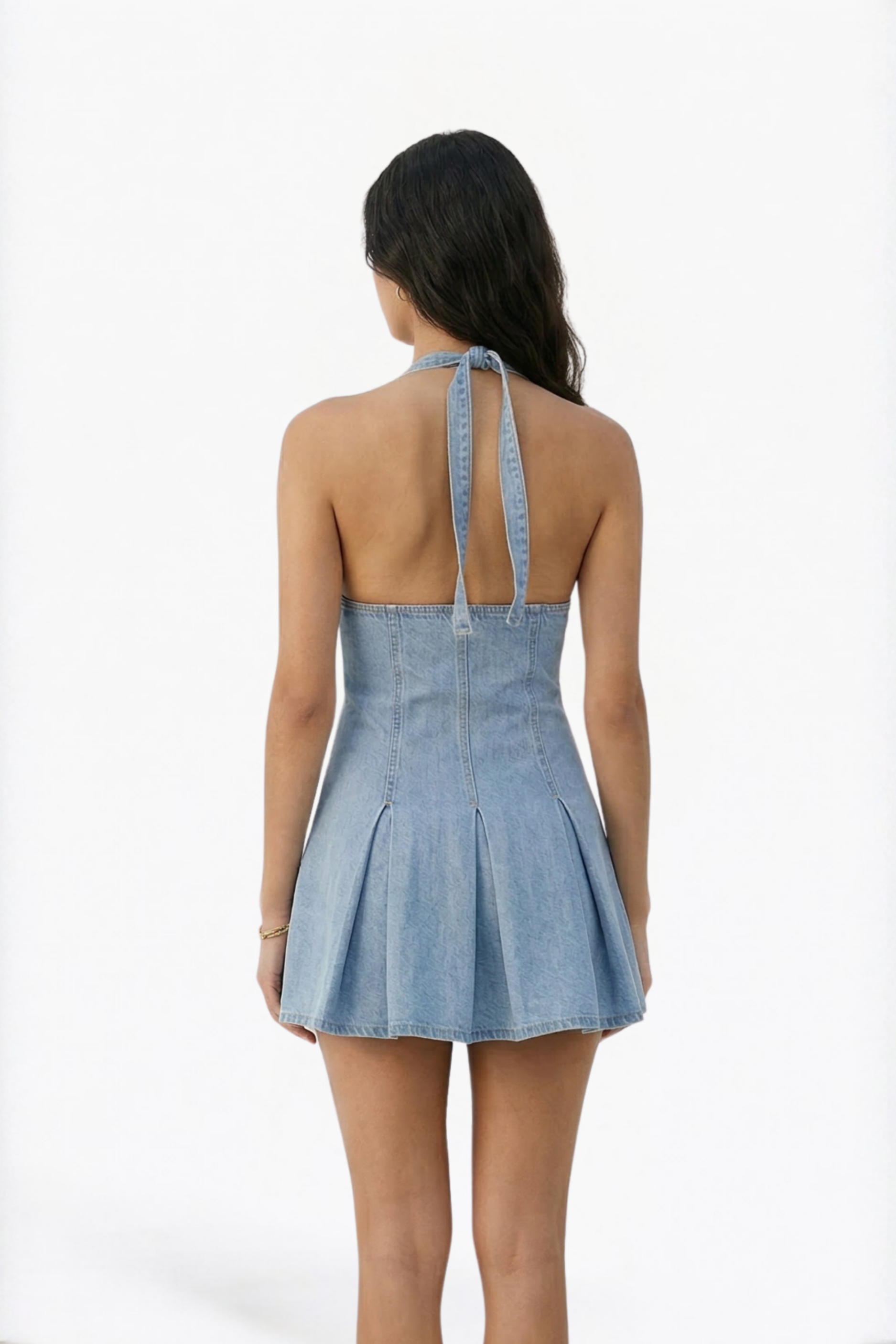 Light Denim Halter Neck Pleated Mini Dress