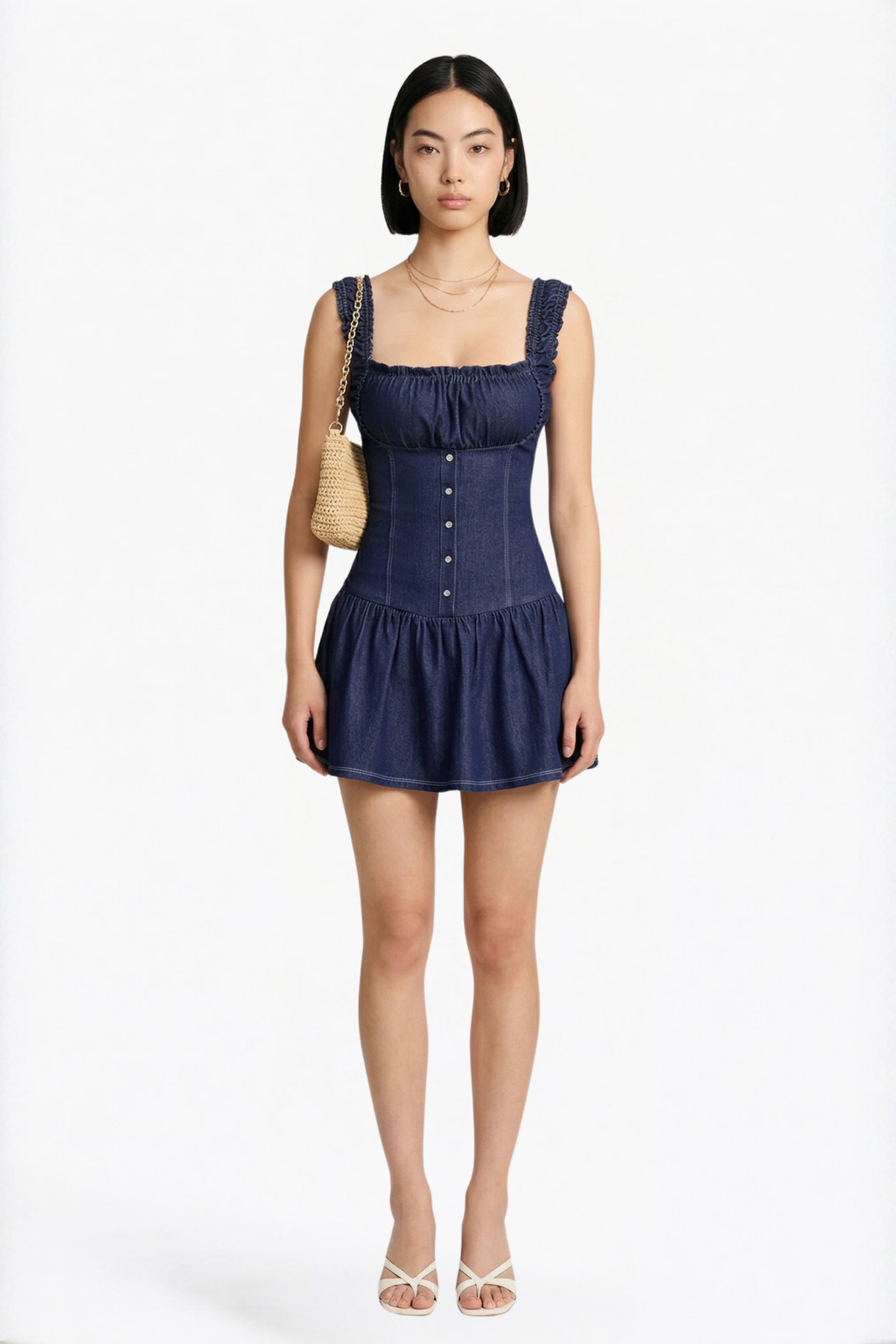Navy Blue Ruffle-Strap Denim Mini Dress