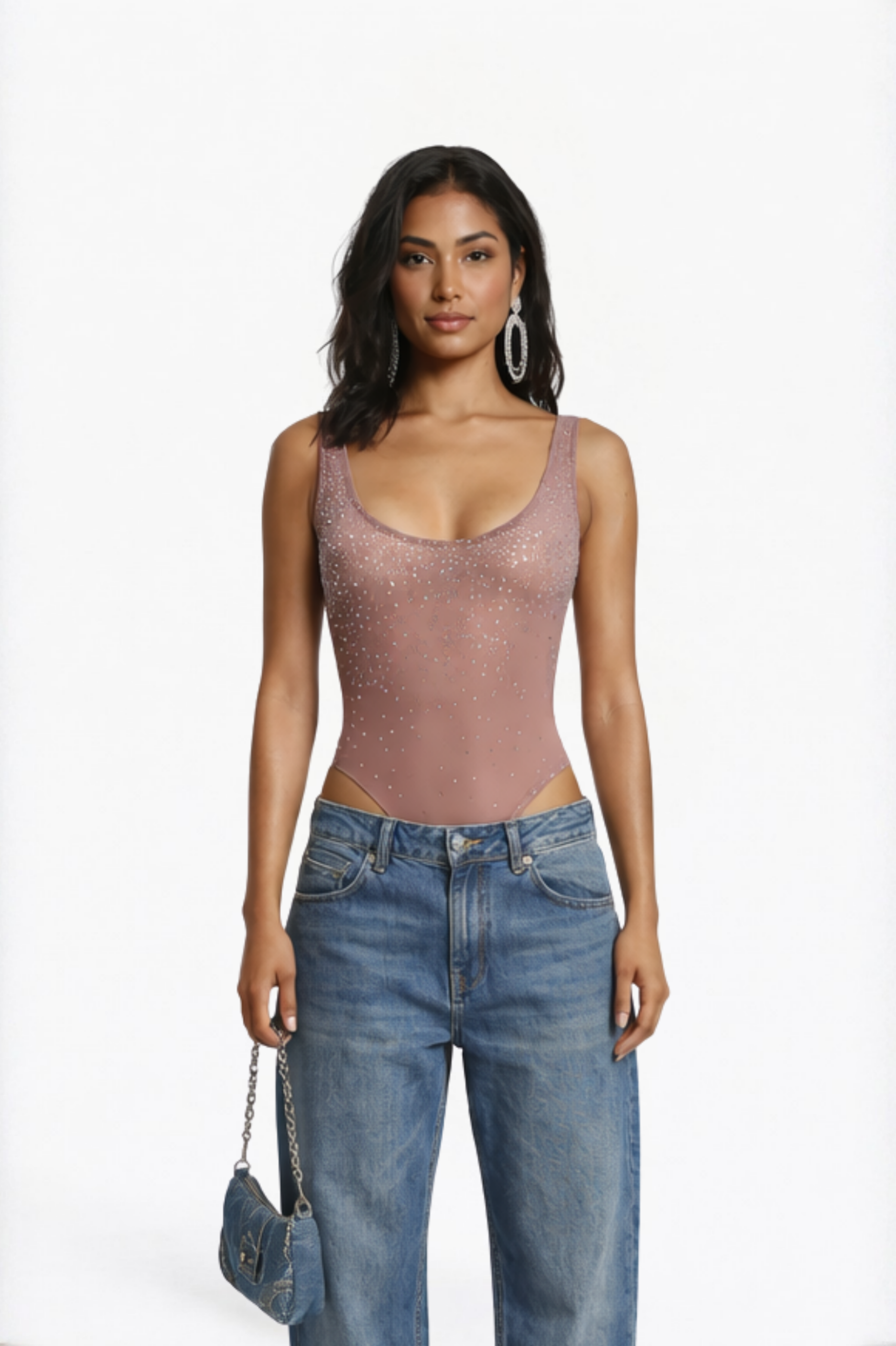 Dusty Rose Crystal-Embellished Sheer Mesh Bodysuit