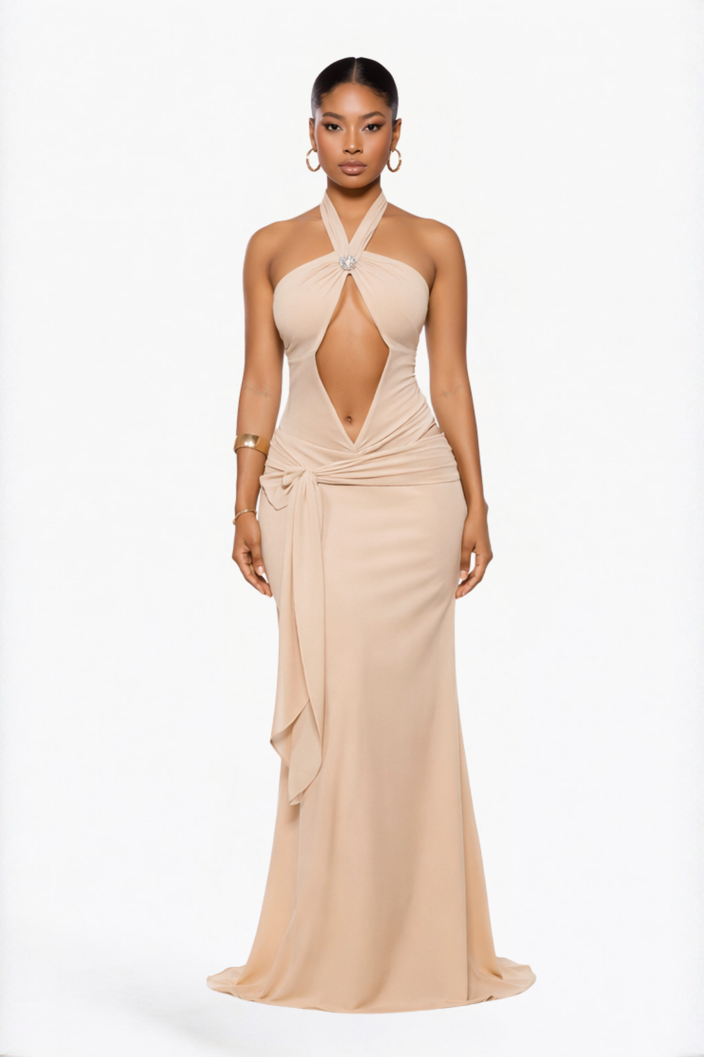 Nude Sheer Halter Cut-Out Wrap Maxi Dress