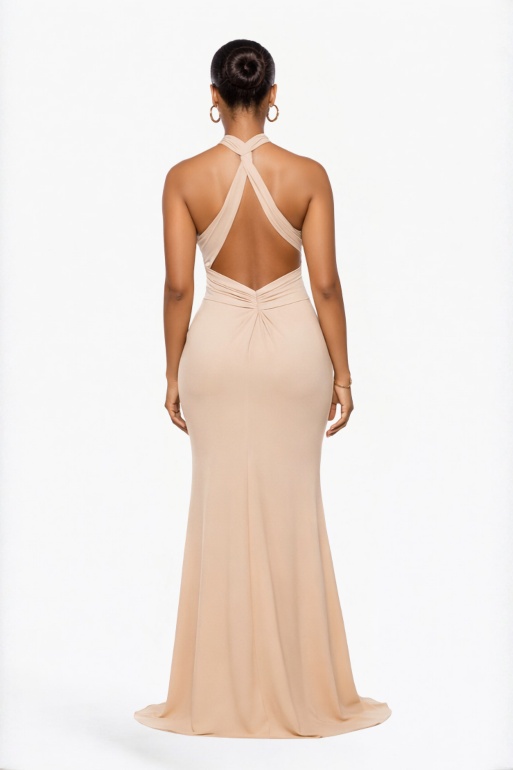 Nude Sheer Halter Cut-Out Wrap Maxi Dress
