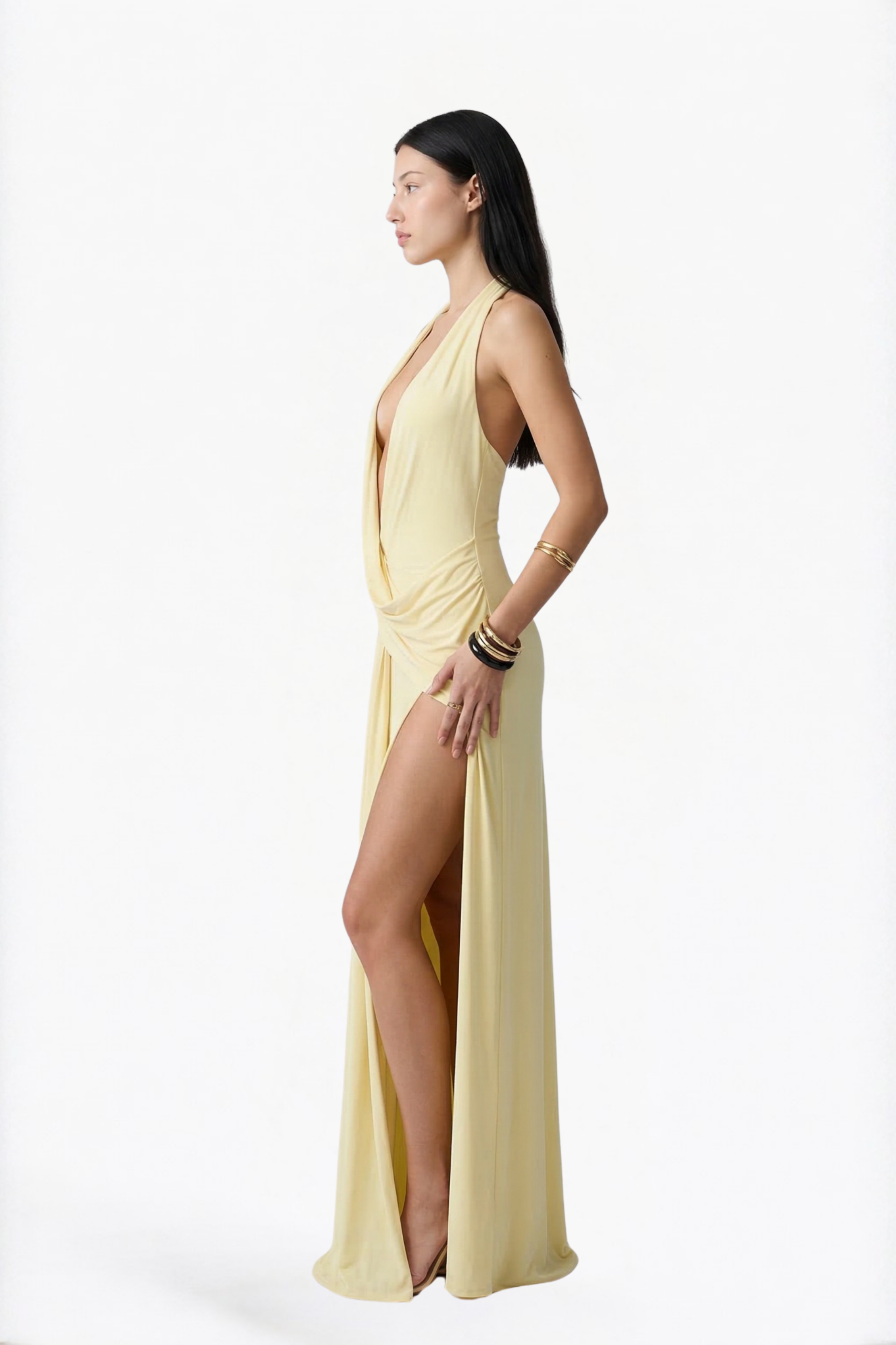 Butter Yellow Halter Cut-Out Wrap Maxi Dress