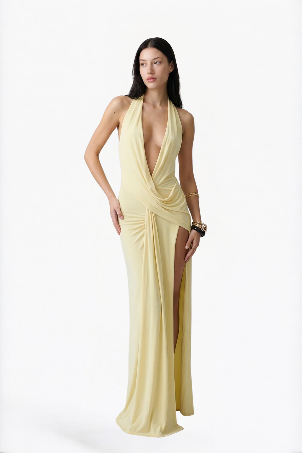 Butter Yellow Halter Cut-Out Wrap Maxi Dress