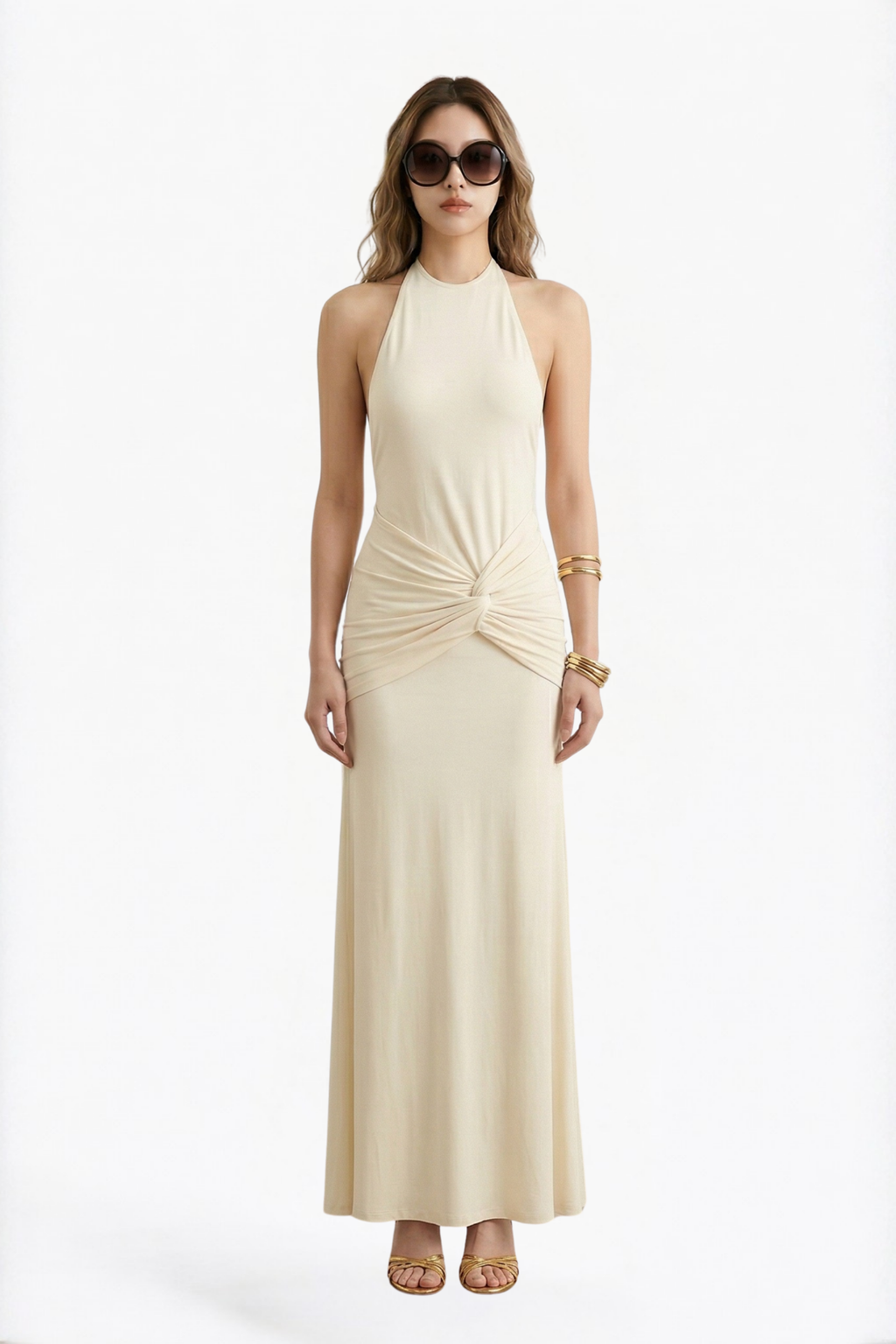 Cream Halter Neck Backless Twist-Front Maxi Dress