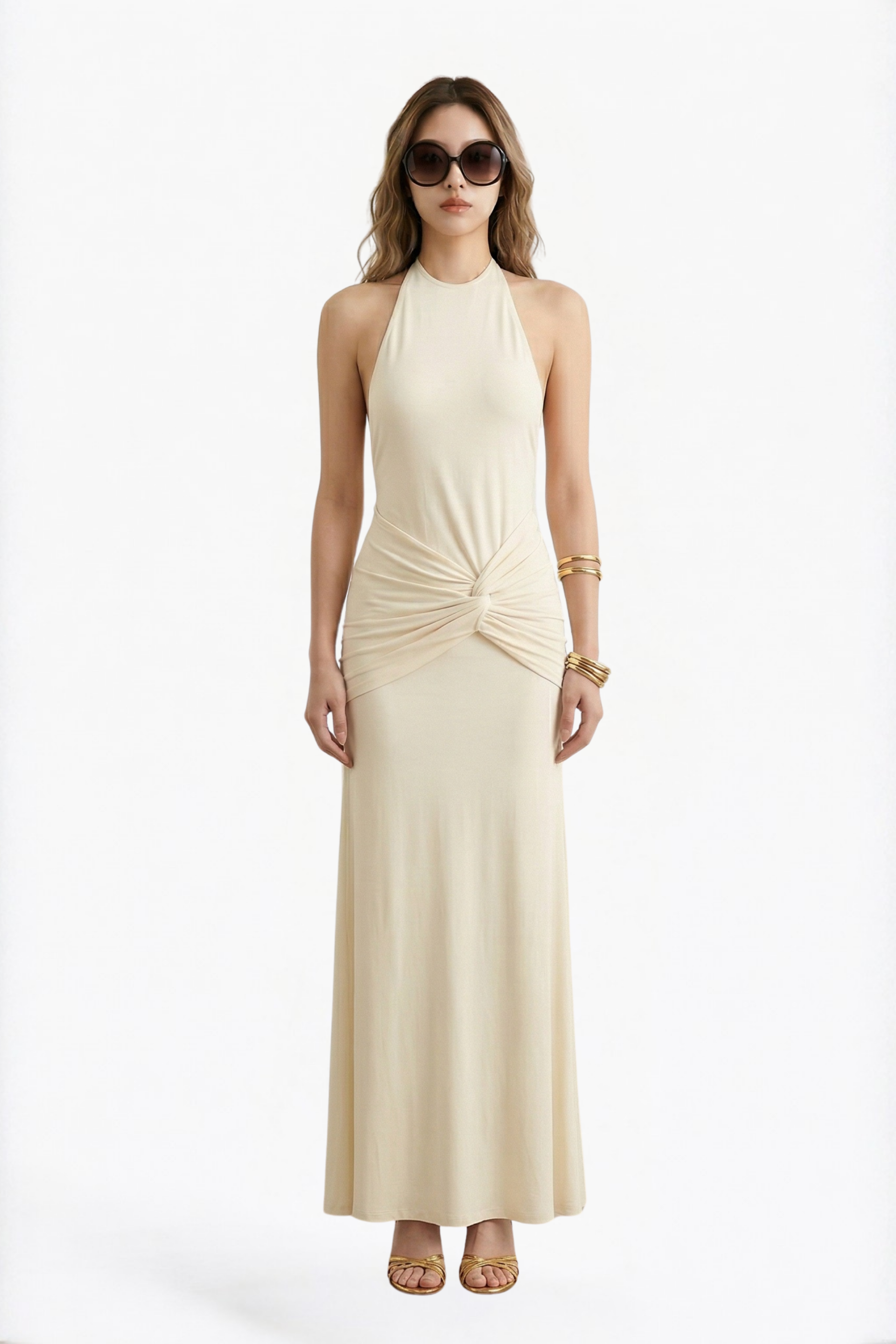 Cream Halter Neck Backless Twist-Front Maxi Dress