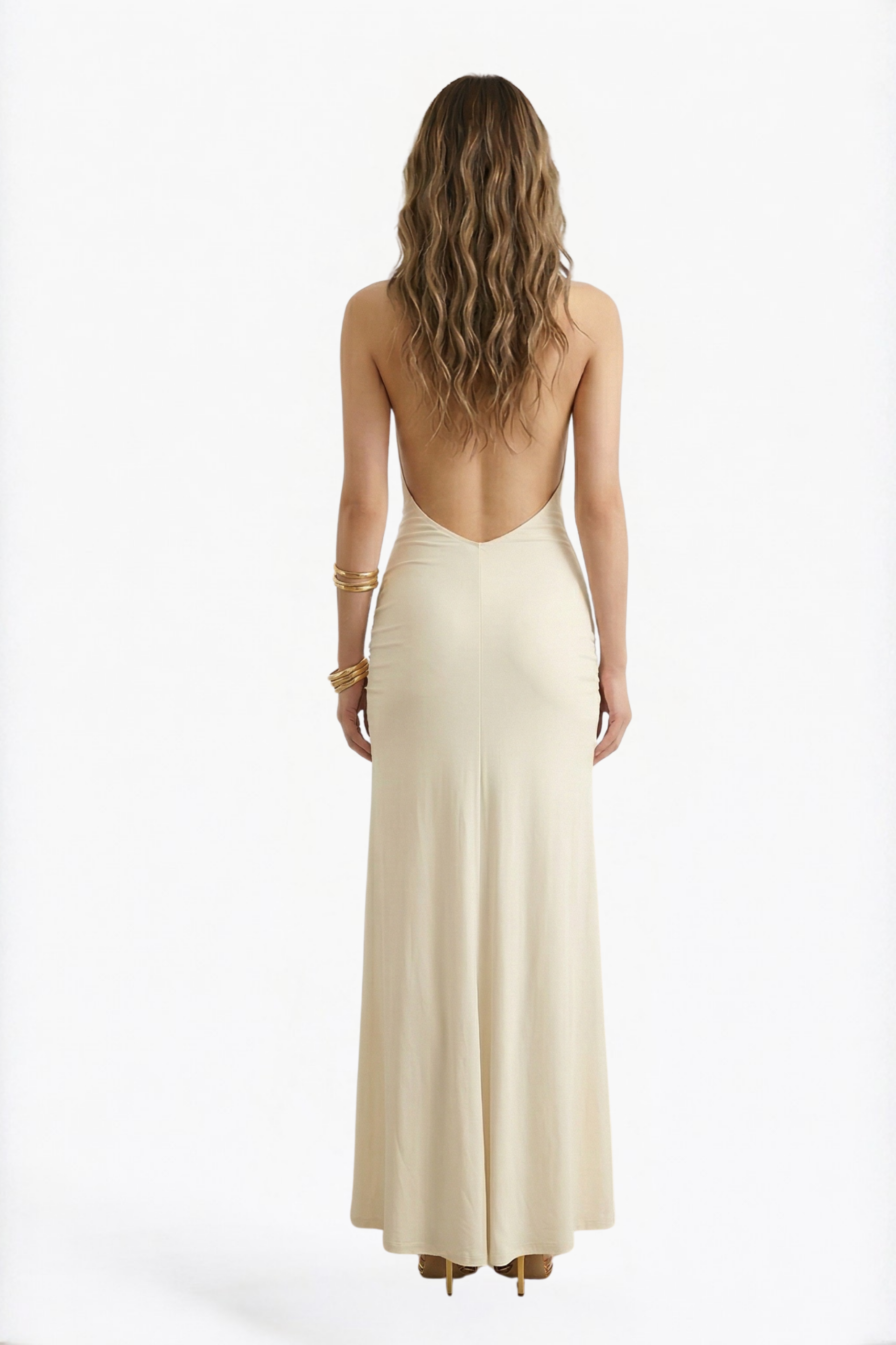 Cream Halter Neck Backless Twist-Front Maxi Dress