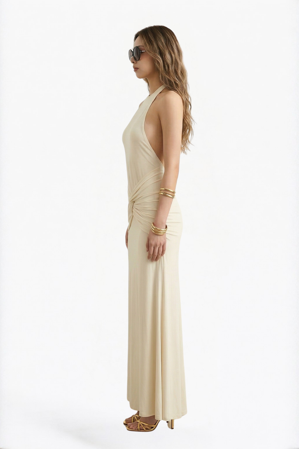 Cream Halter Neck Backless Twist-Front Maxi Dress