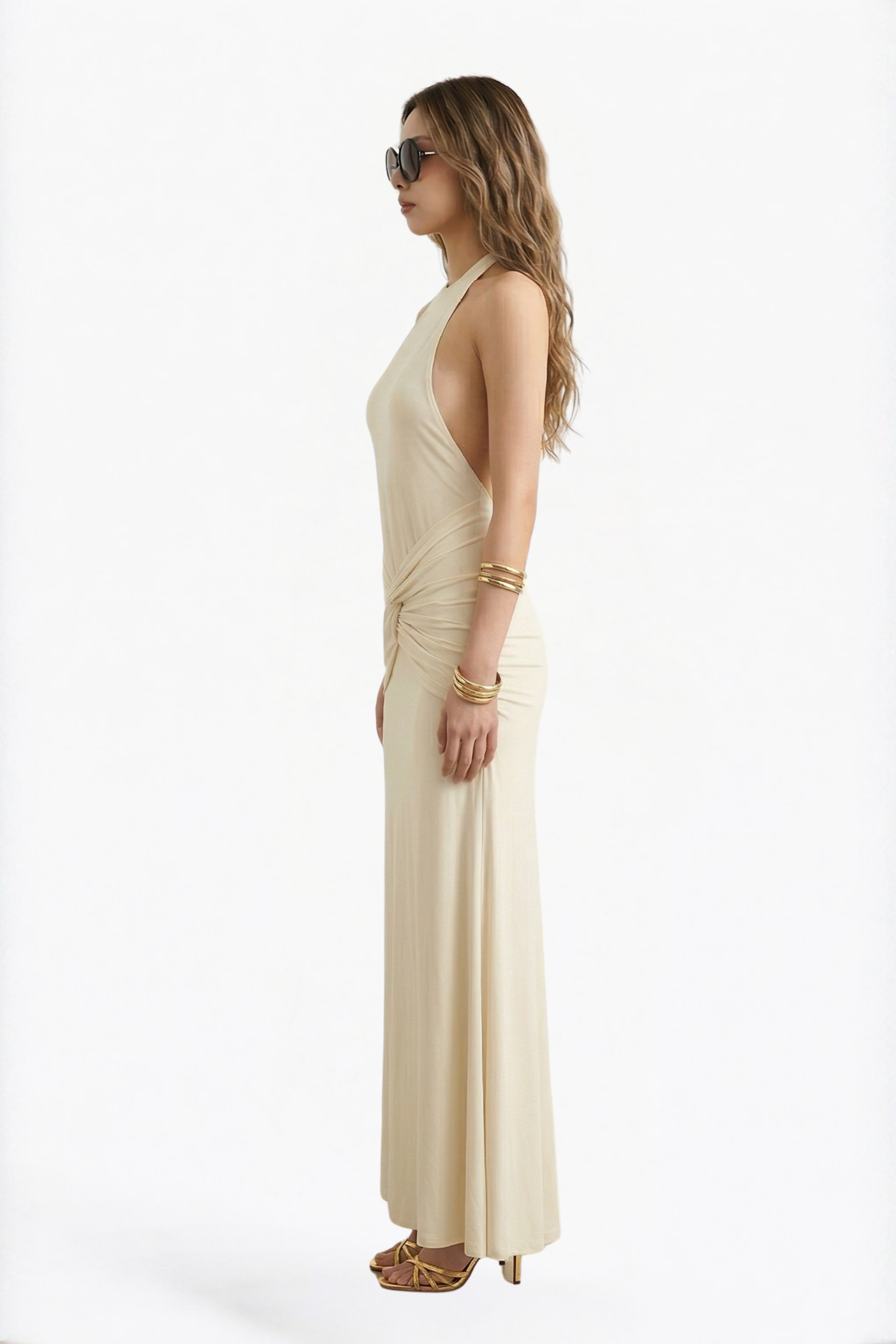 Cream Halter Neck Backless Twist-Front Maxi Dress