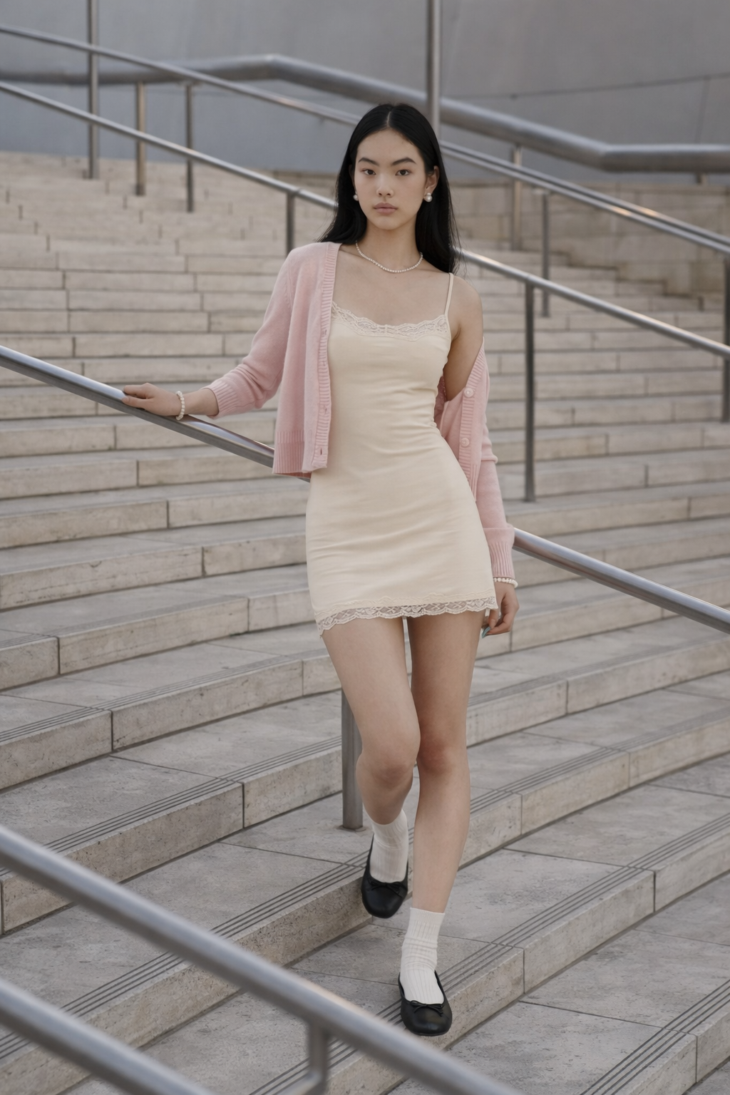 Cream Lace-Trim Slip Mini Dress