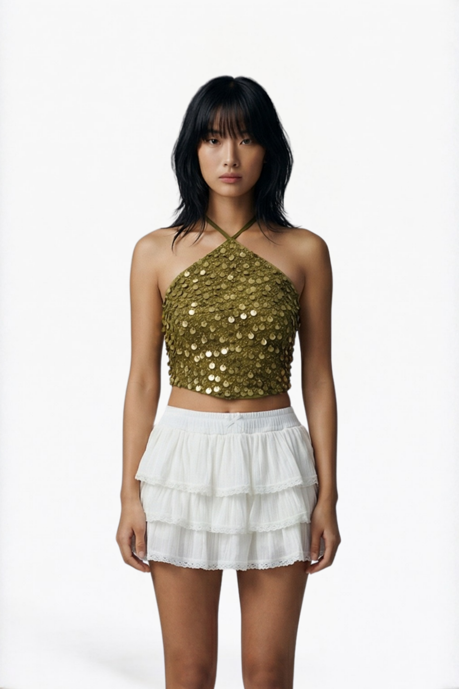 Olive Gold Sequin Halter Crop Top