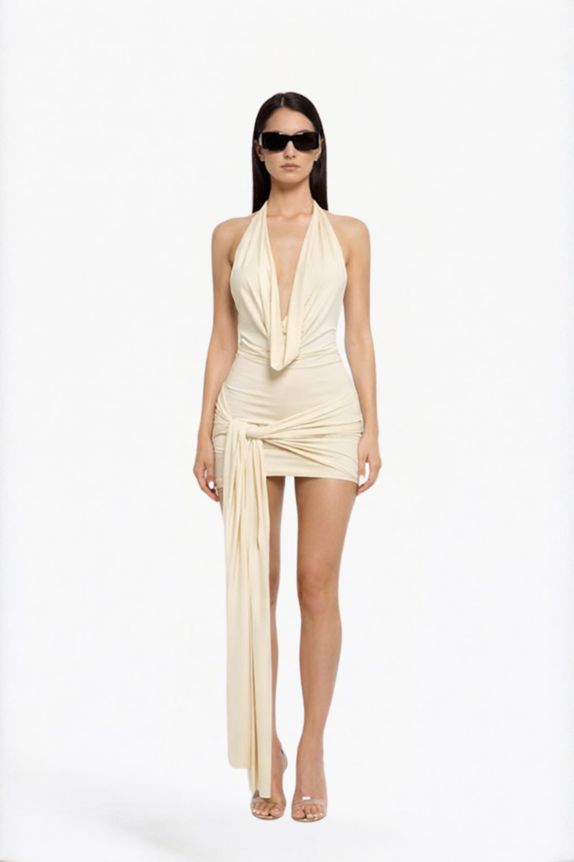 Beige Draped Halter Neck Asymmetric Mini Dress