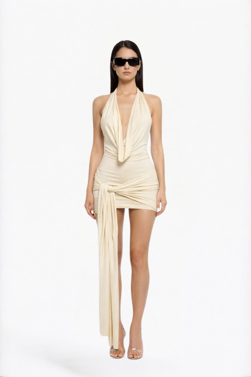 Beige Draped Halter Neck Asymmetric Mini Dress