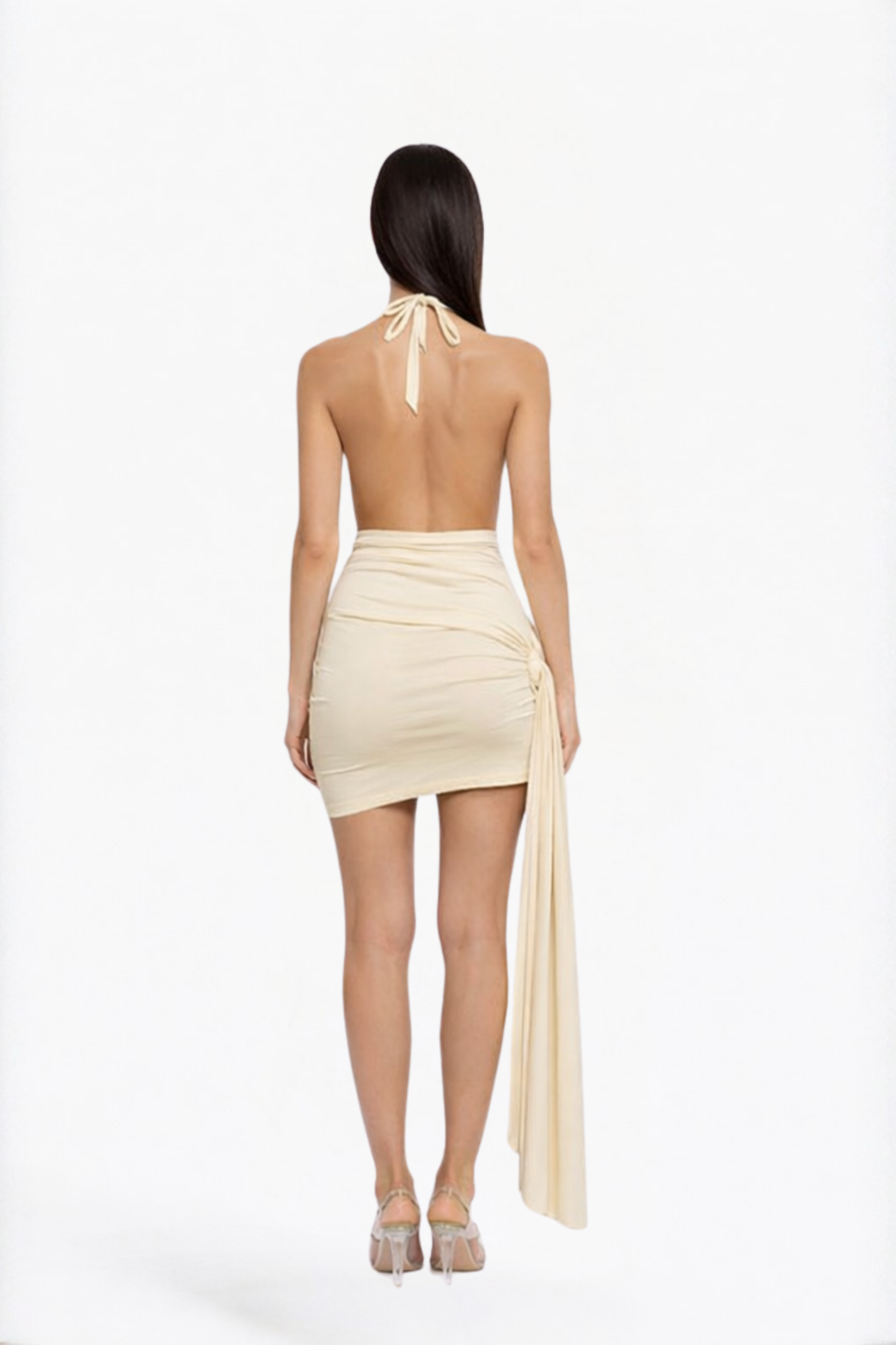Beige Draped Halter Neck Asymmetric Mini Dress