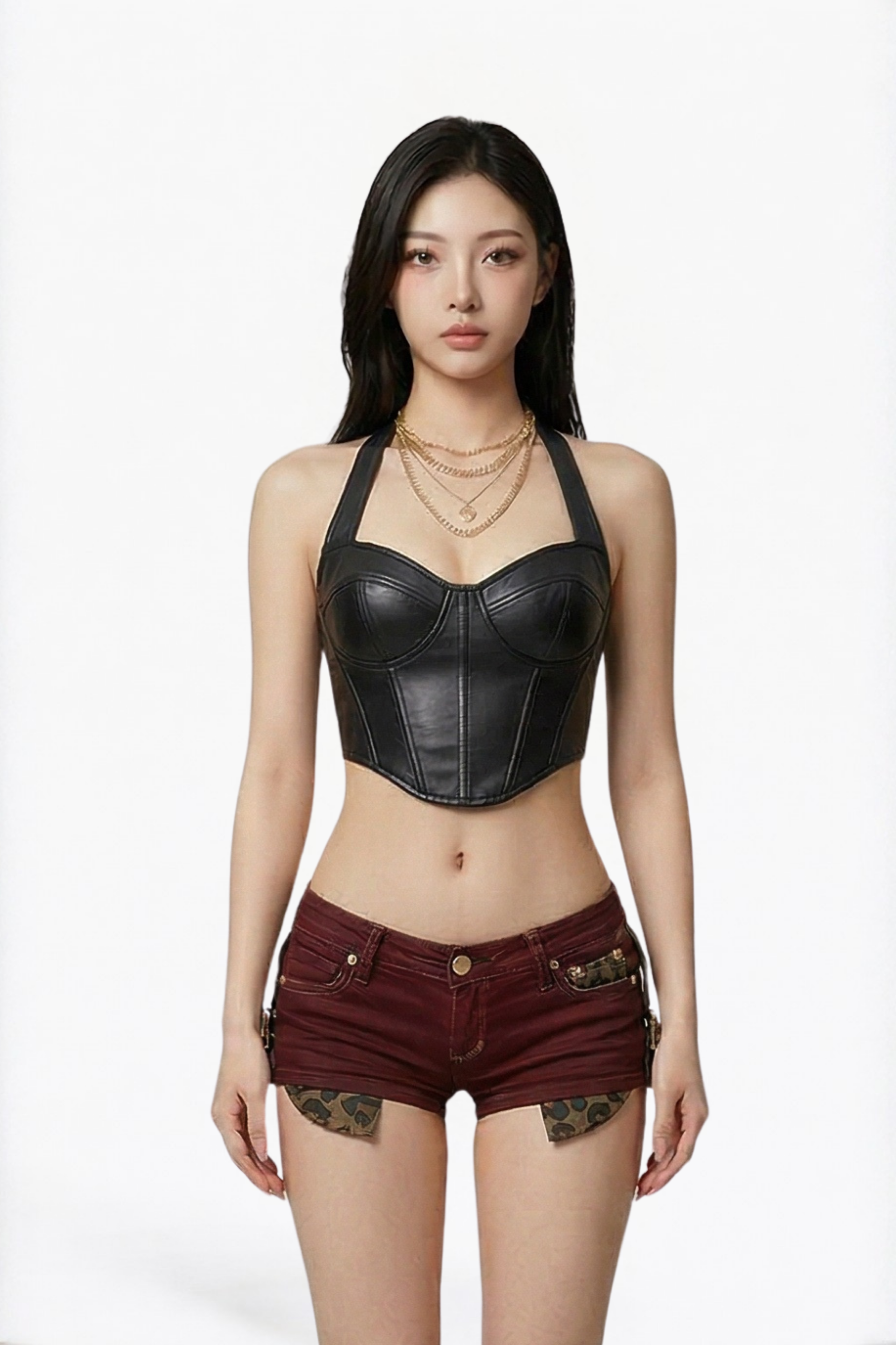 Burgundy Leopard Patch Denim Mini Shorts