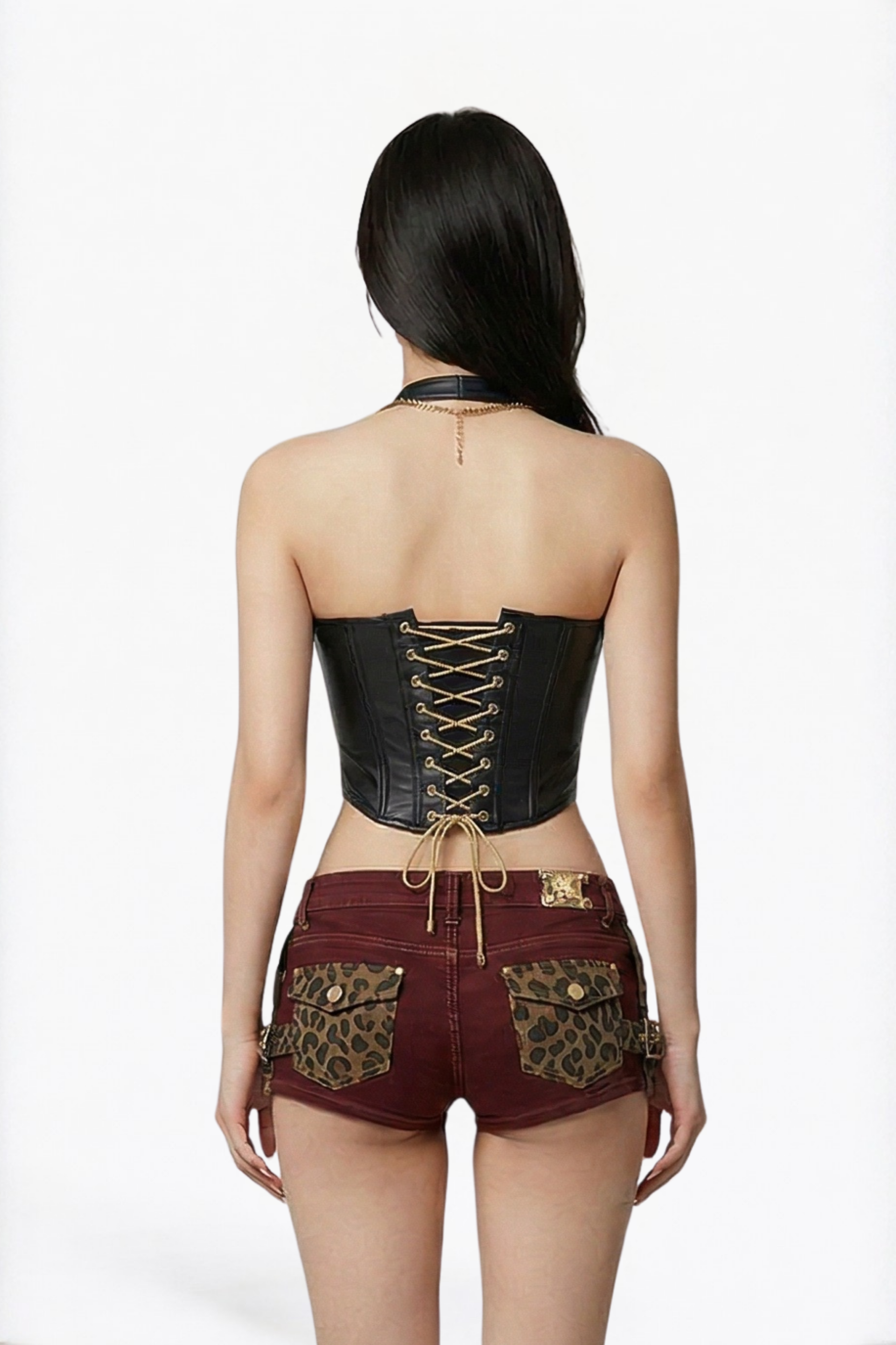 Burgundy Leopard Patch Denim Mini Shorts