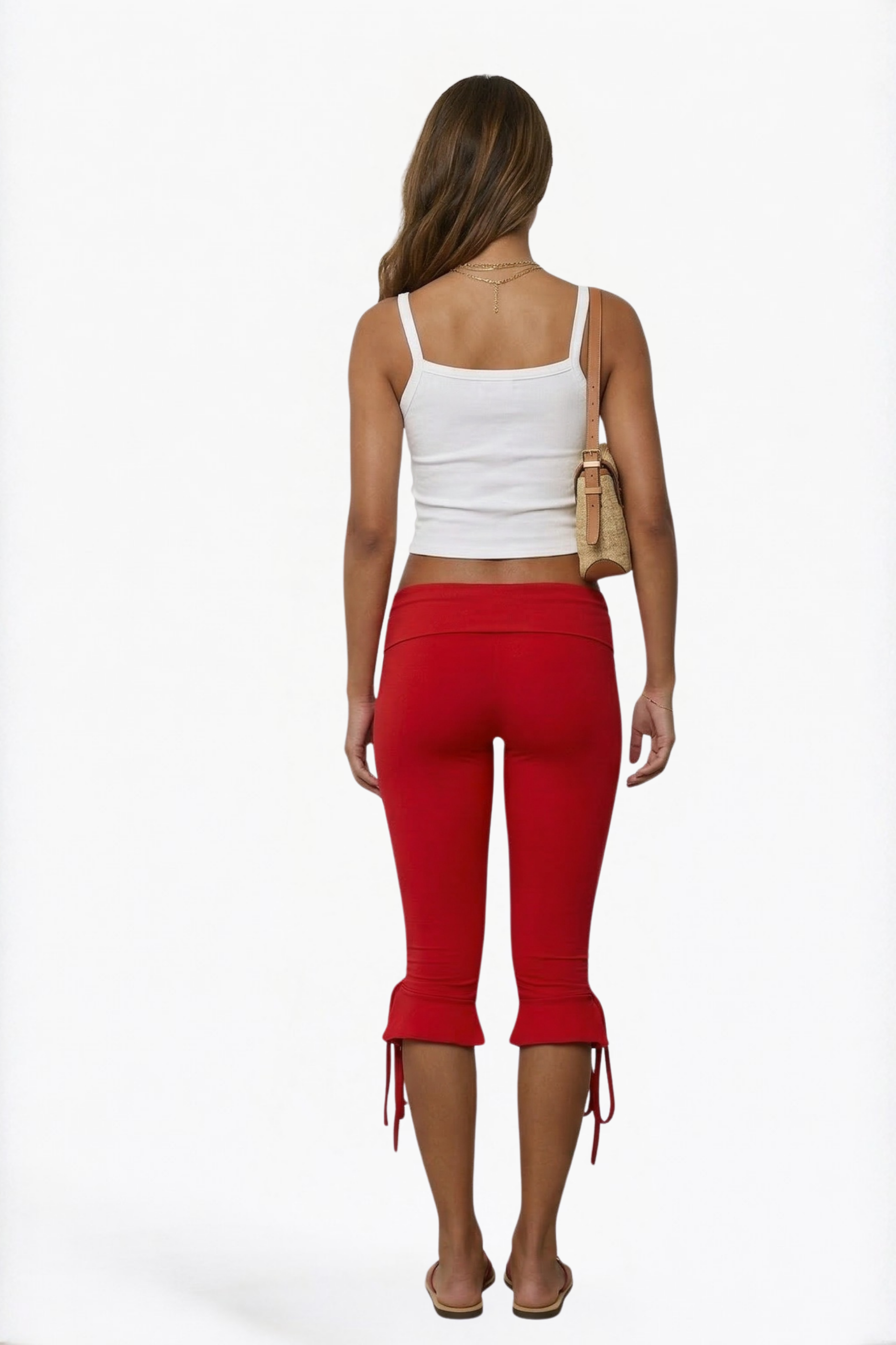 Red Ruffle-Hem Cropped Capri Leggings