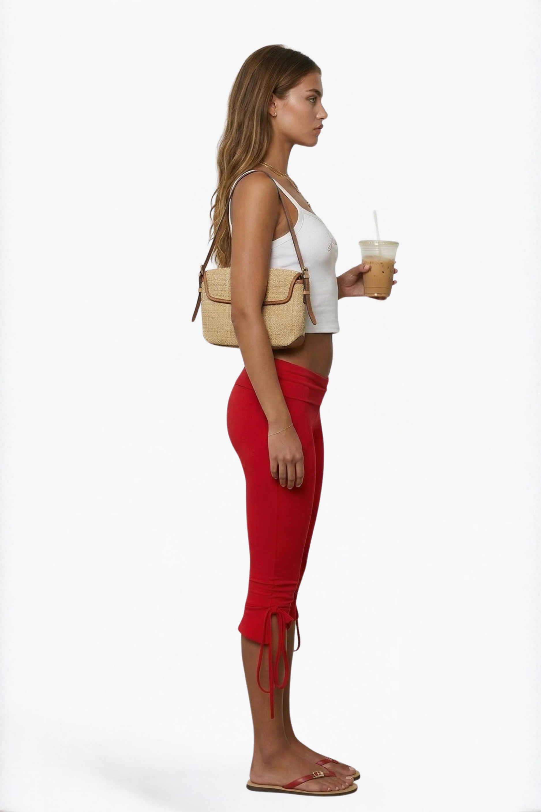 Red Ruffle-Hem Cropped Capri Leggings