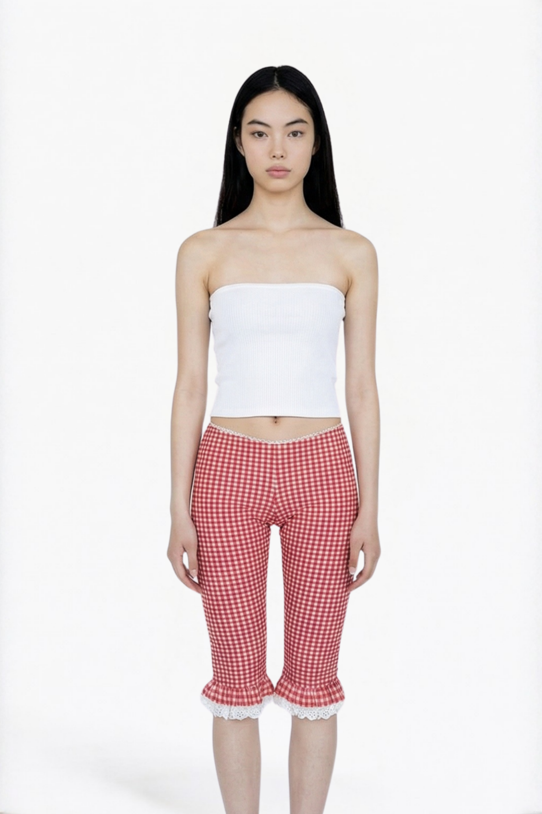 Red Gingham Ruffle-Hem Cropped Capri Leggings