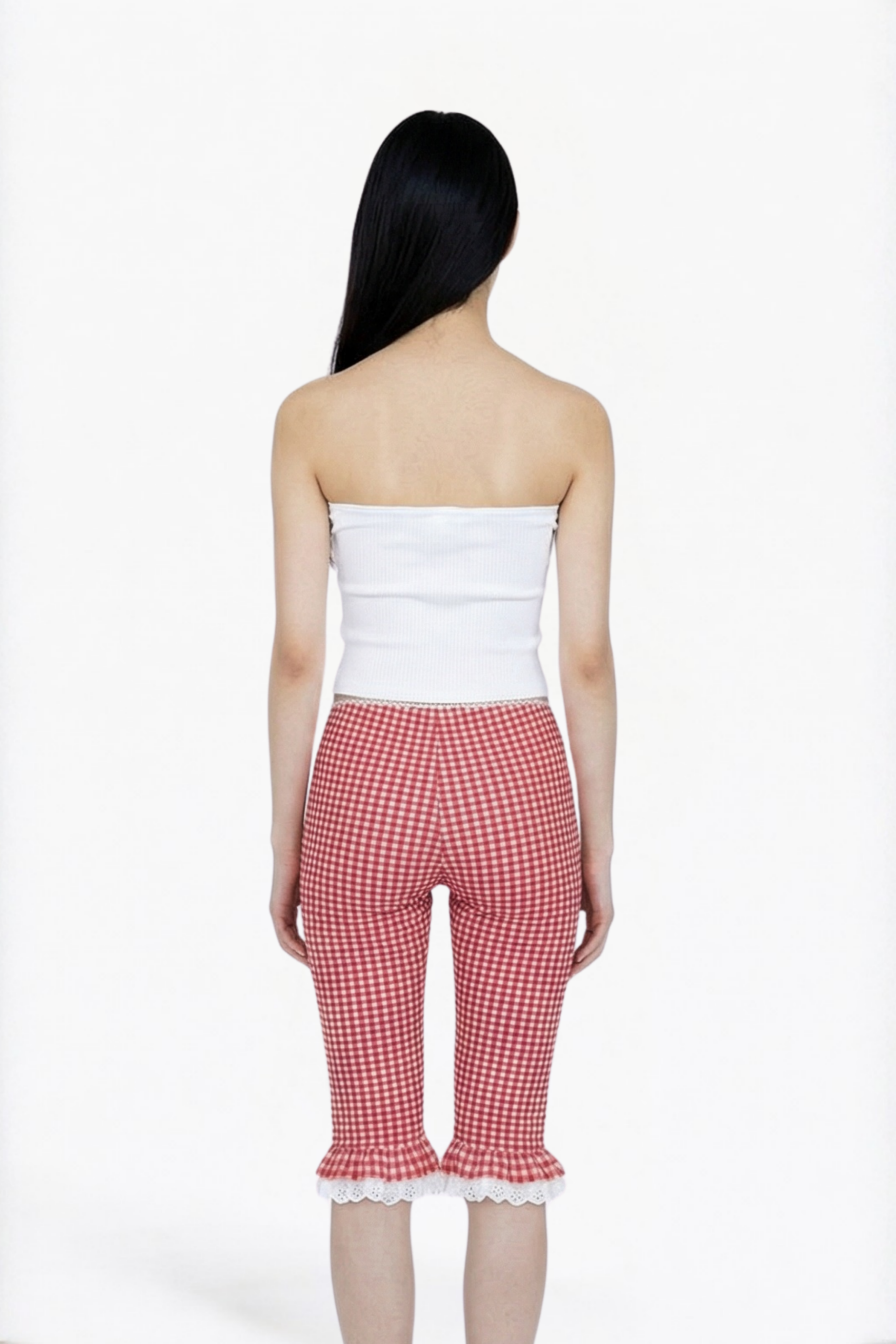 Red Gingham Ruffle-Hem Cropped Capri Leggings