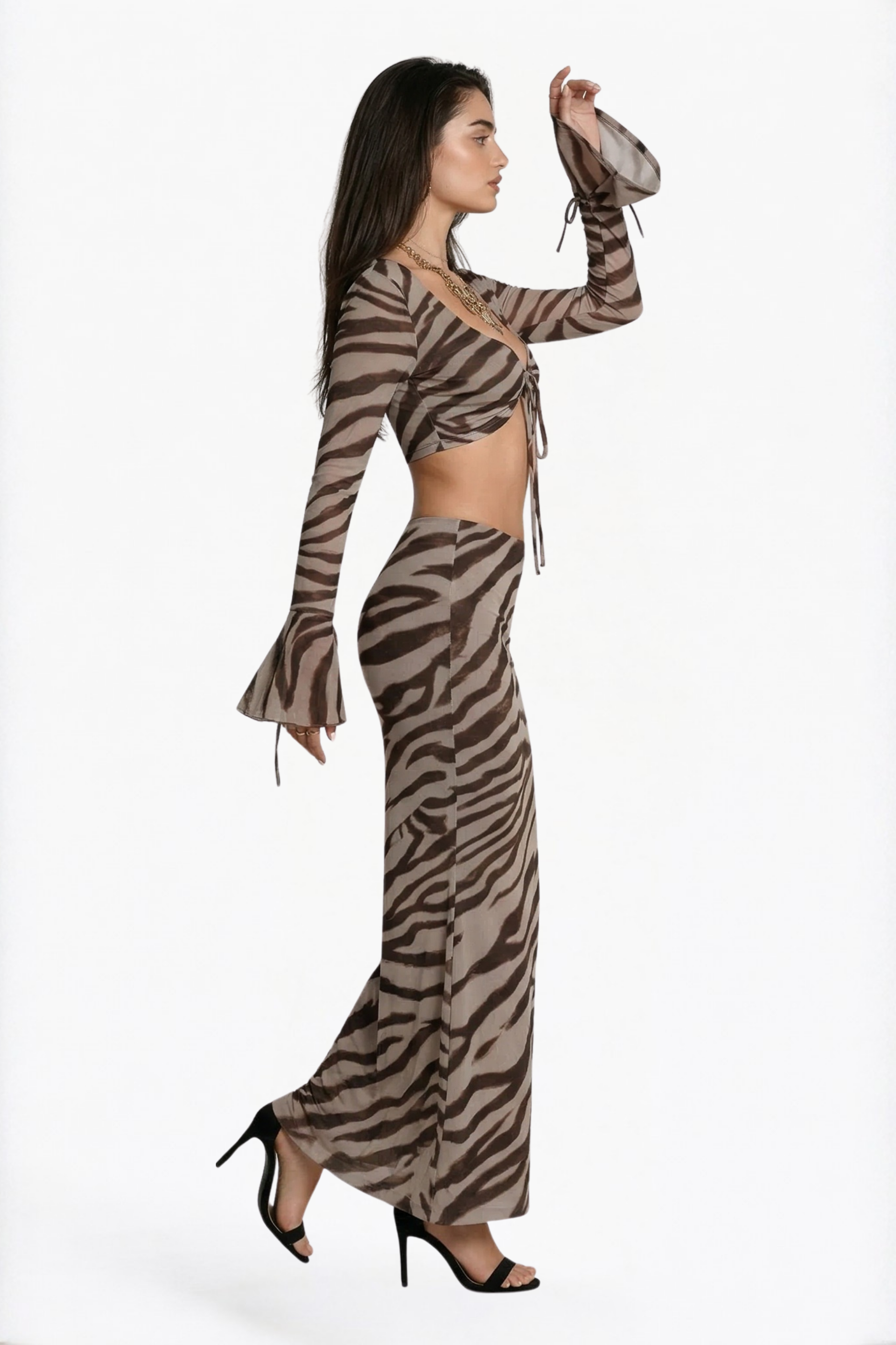 Brown Tiger Print Mesh Maxi Skirt