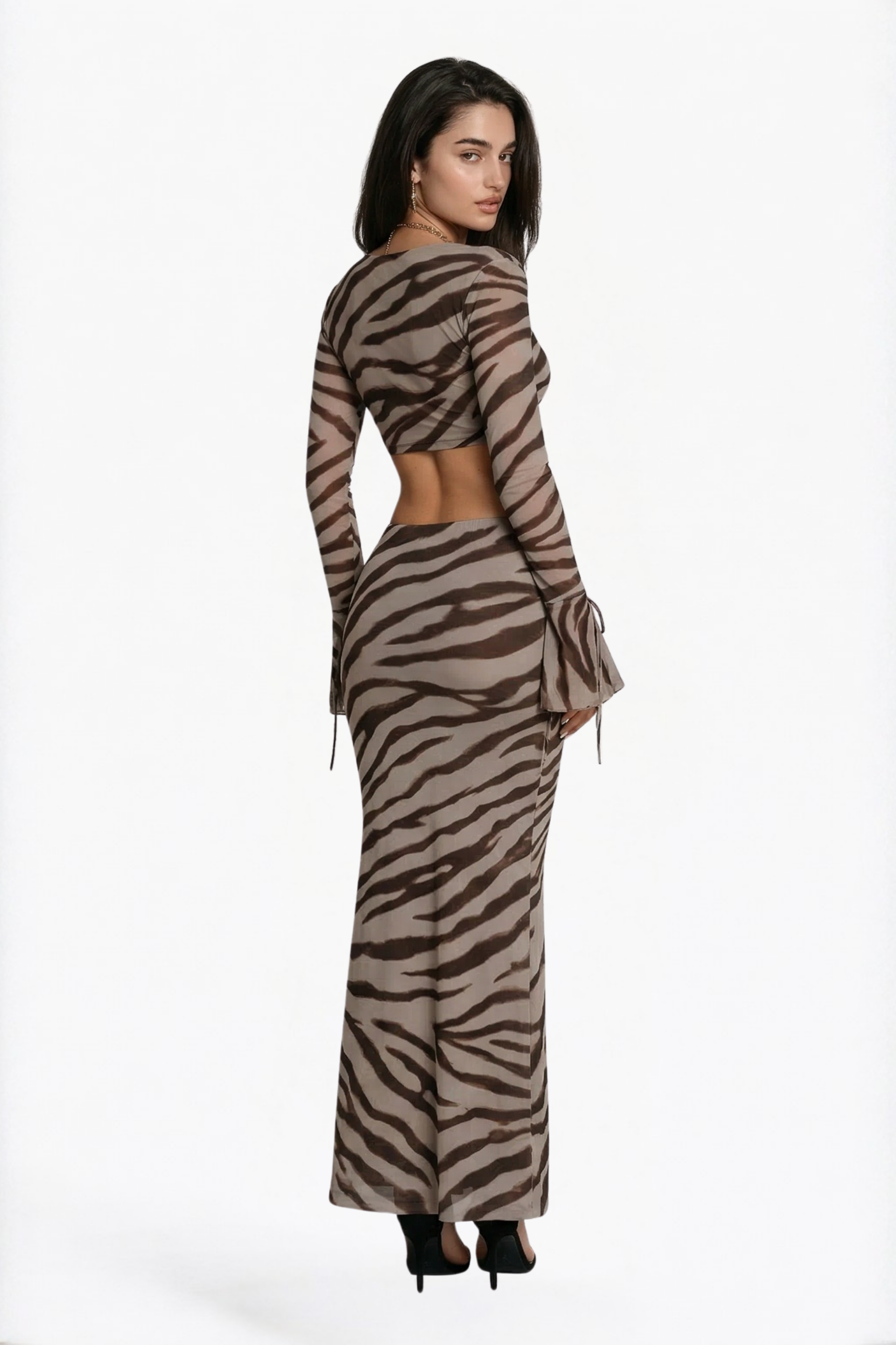 Brown Tiger Print Mesh Maxi Skirt