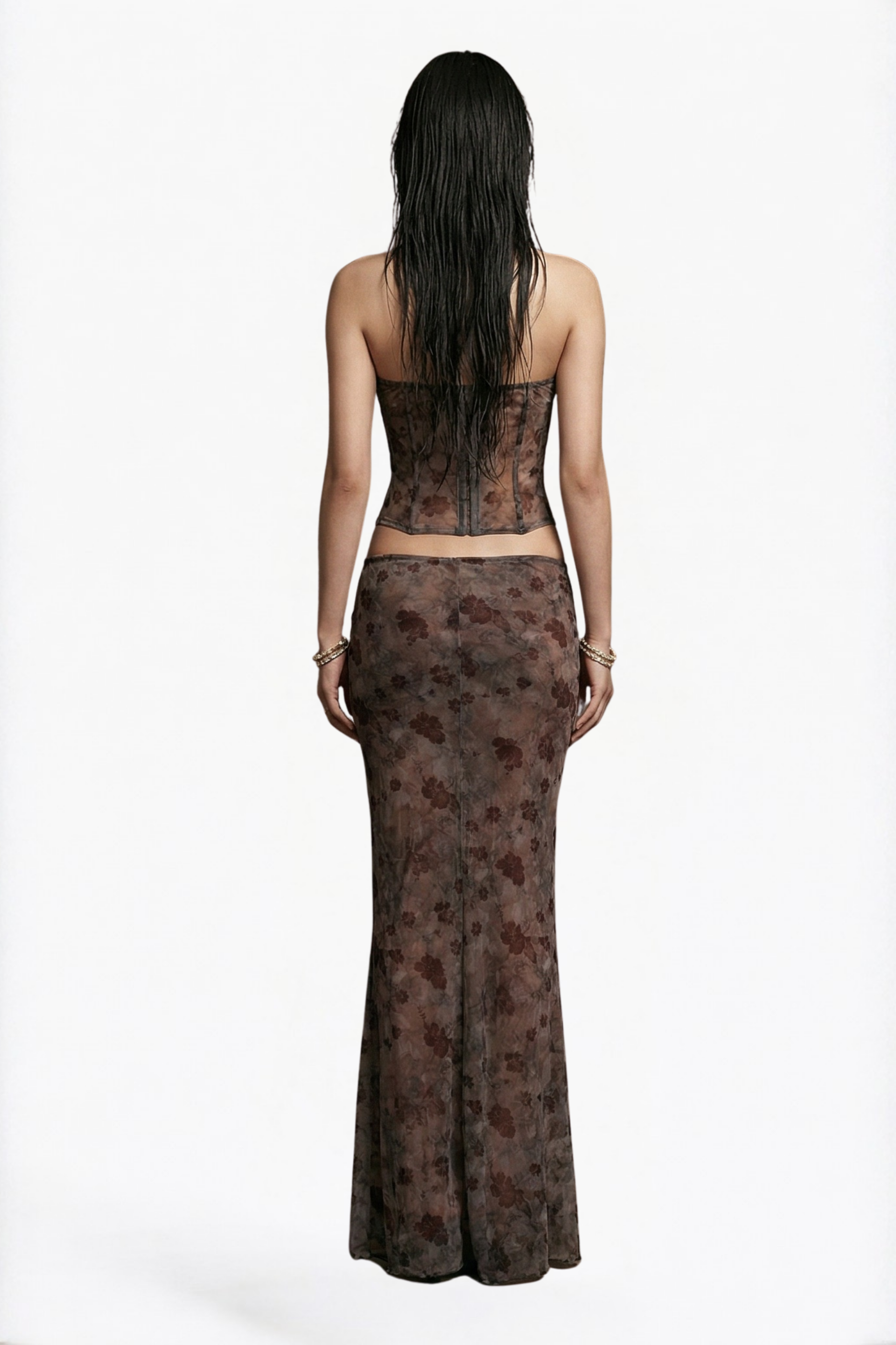Brown Printed Mesh Maxi Skirt