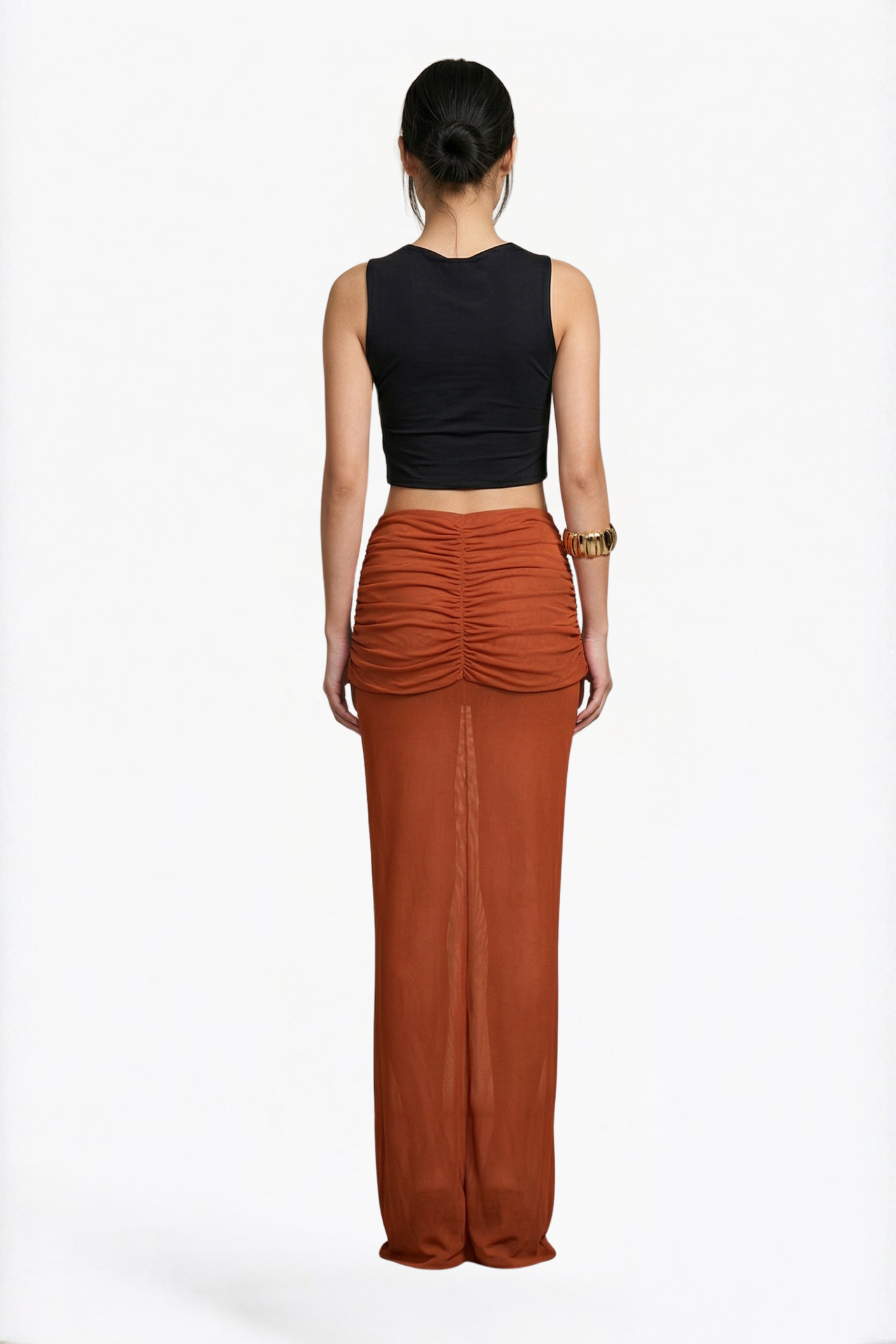 Rust Ruched Maxi Skirt