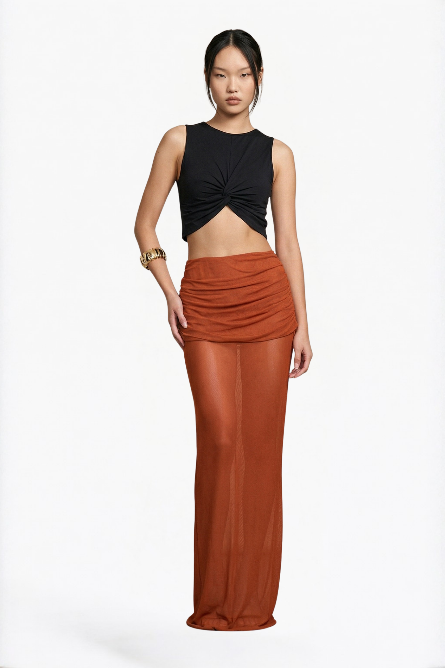 Rust Ruched Maxi Skirt