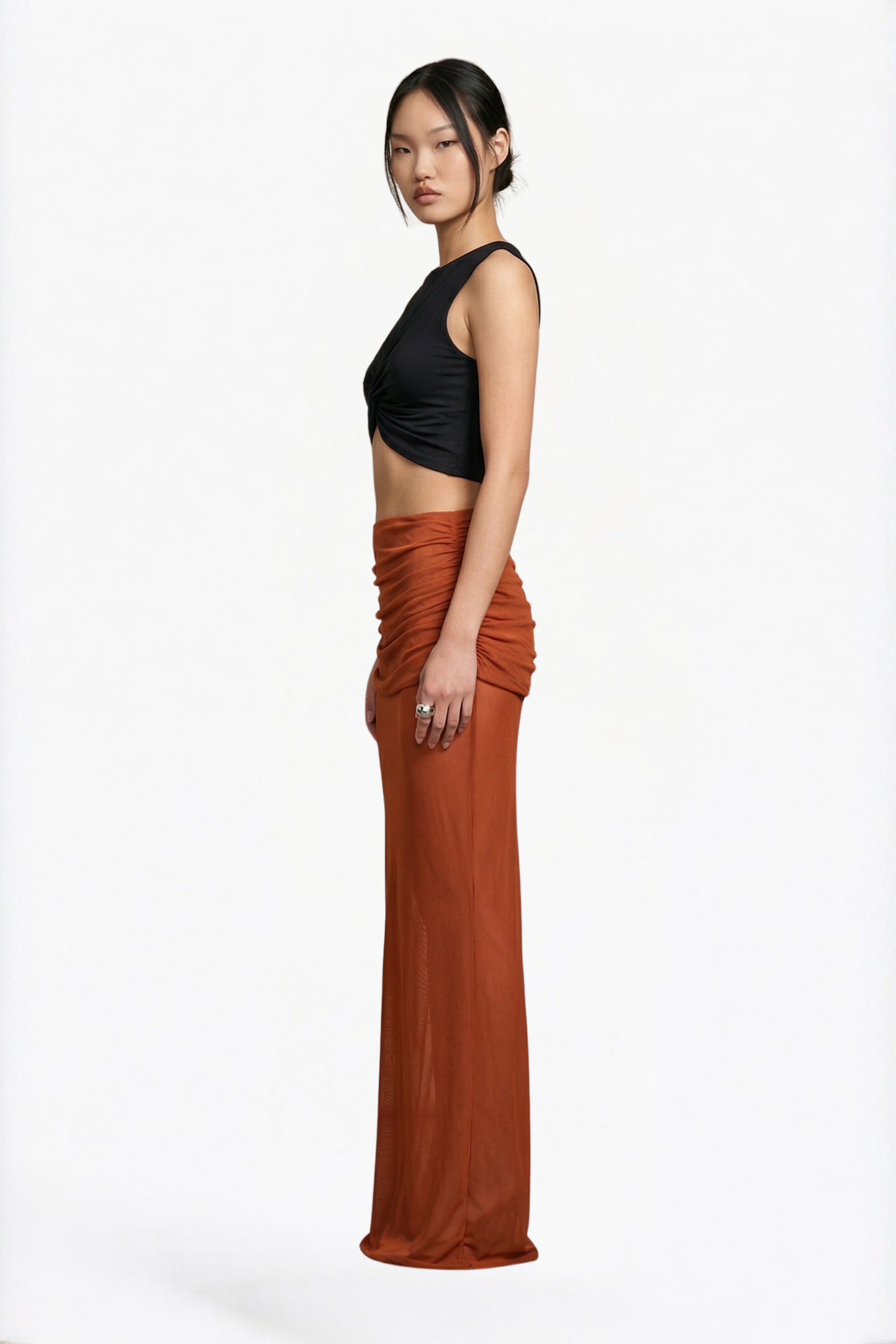 Rust Ruched Maxi Skirt