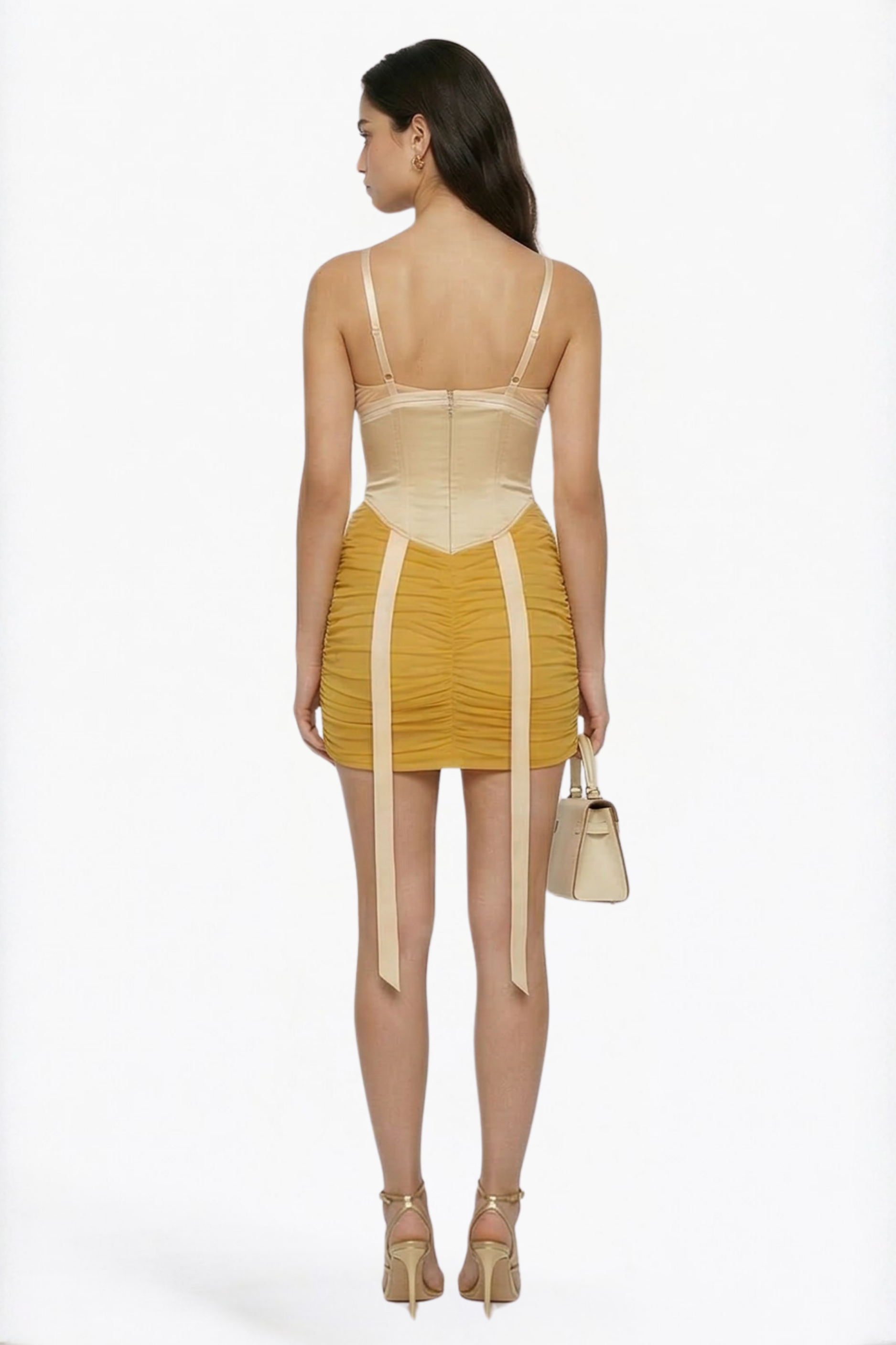 Beige Yellow Contrast Corset Ruched Mini Dress