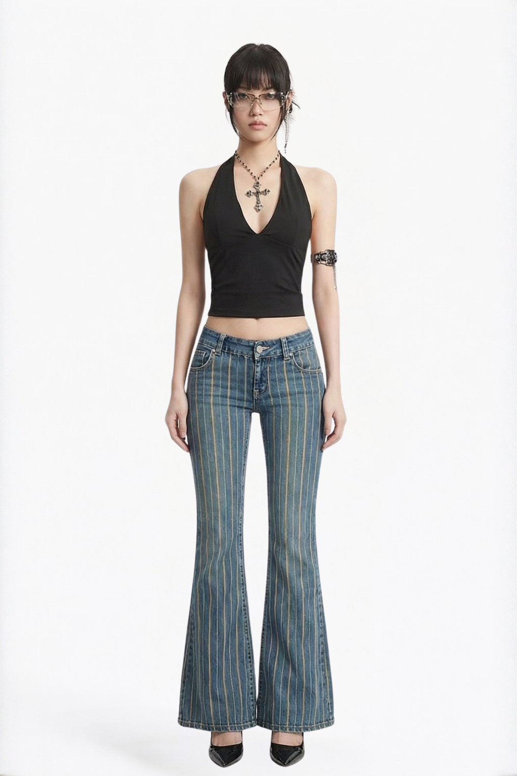 Light Washed Striped Flare Jeans