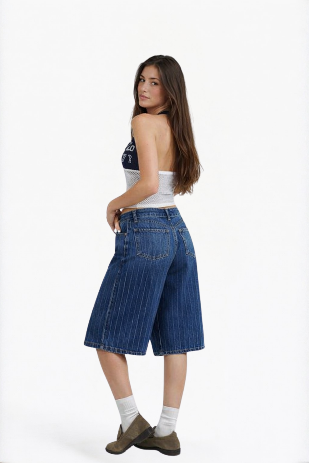 Blue Denim Striped Bermuda Shorts