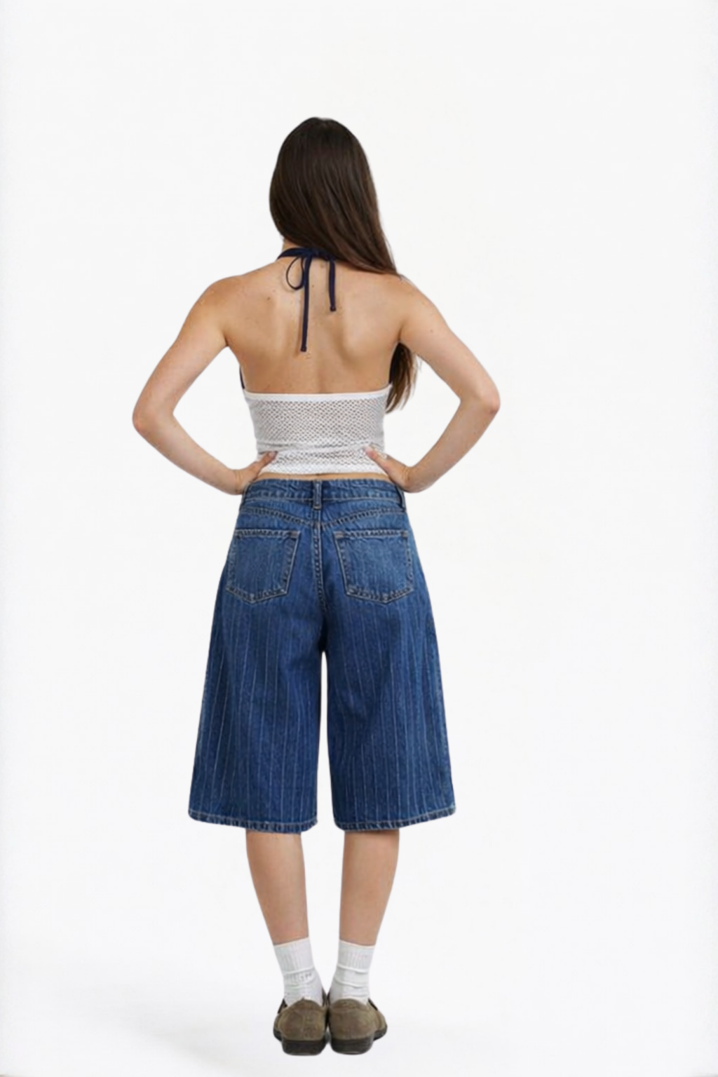 Blue Denim Striped Bermuda Shorts