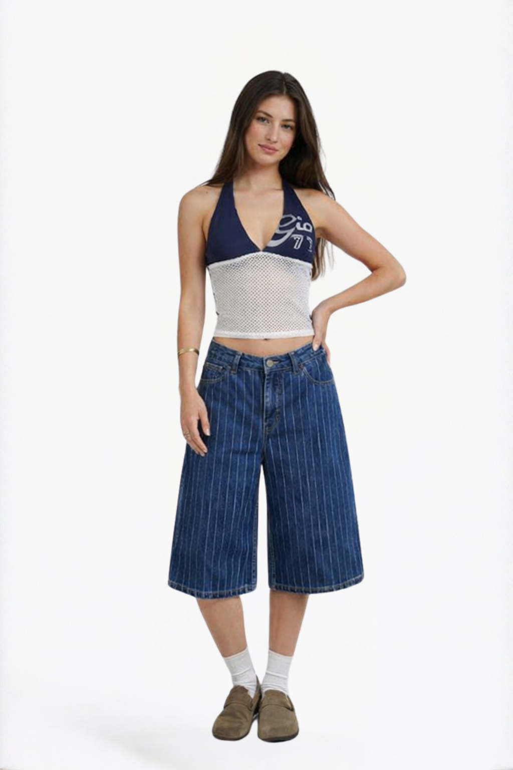 Blue Denim Striped Bermuda Shorts