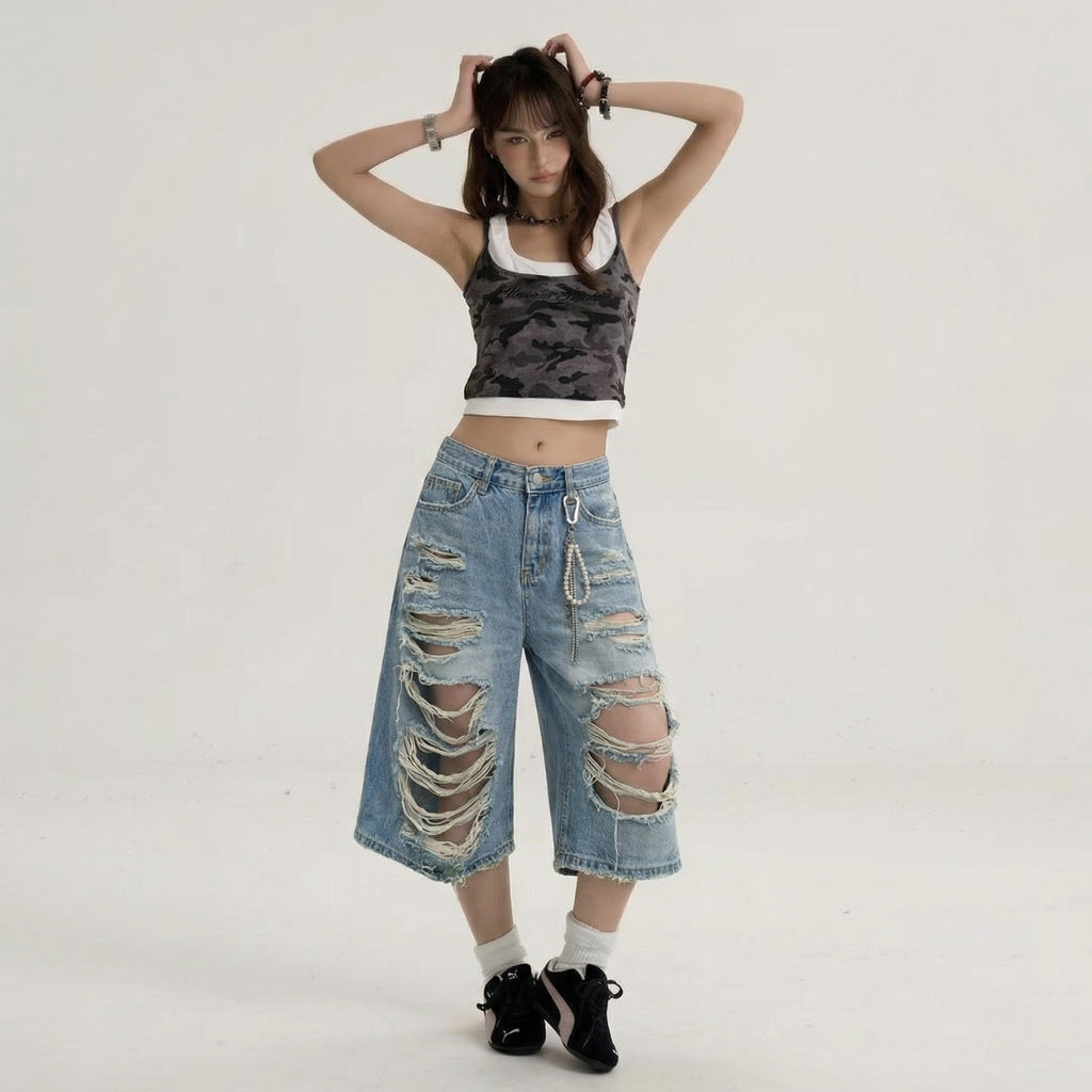 Light Wash Distressed Denim Bermuda Shorts