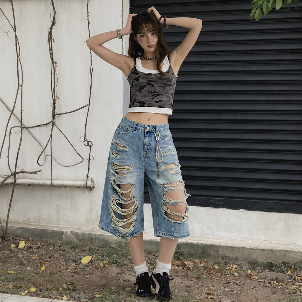 Light Wash Distressed Denim Bermuda Shorts