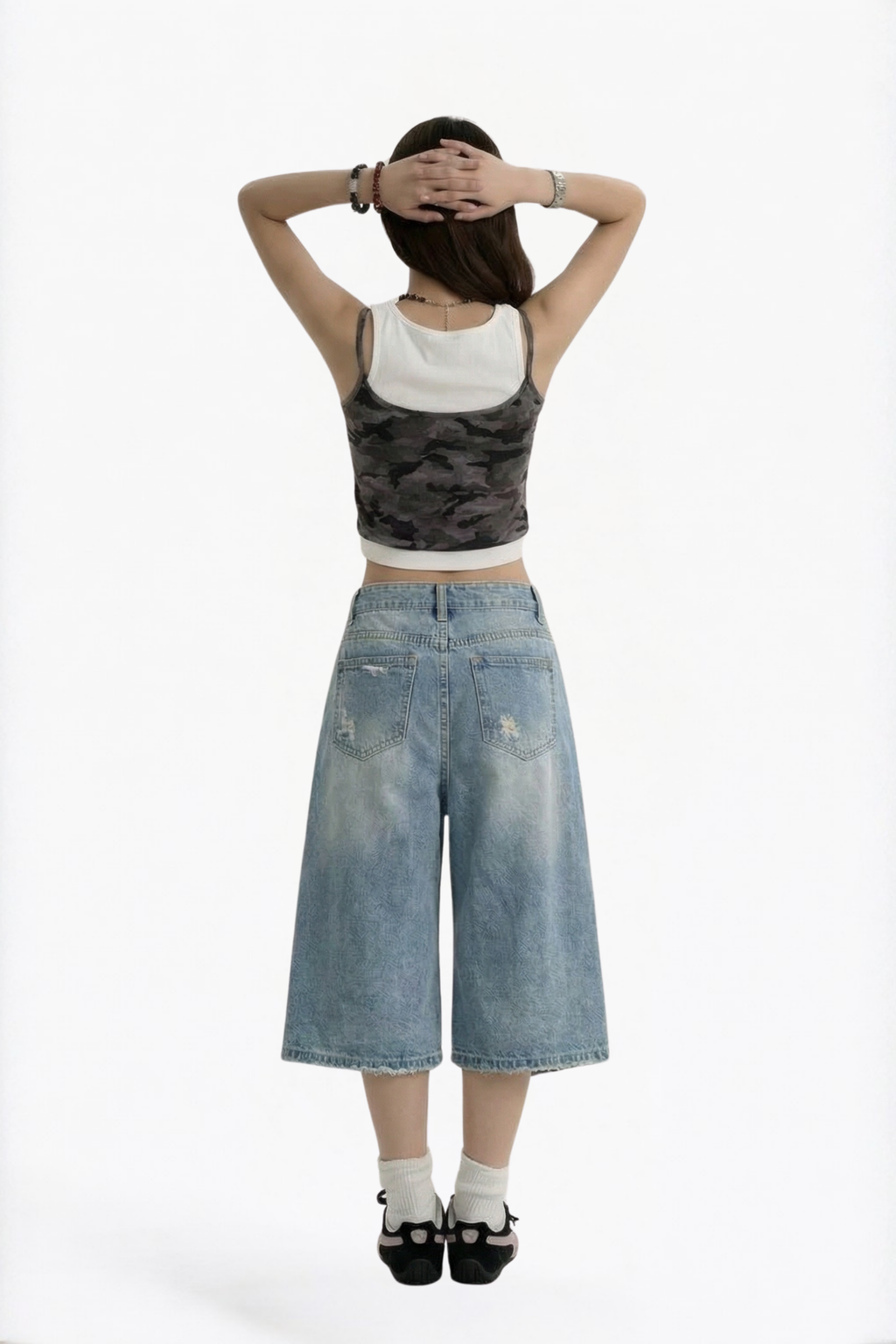 Light Wash Distressed Denim Bermuda Shorts