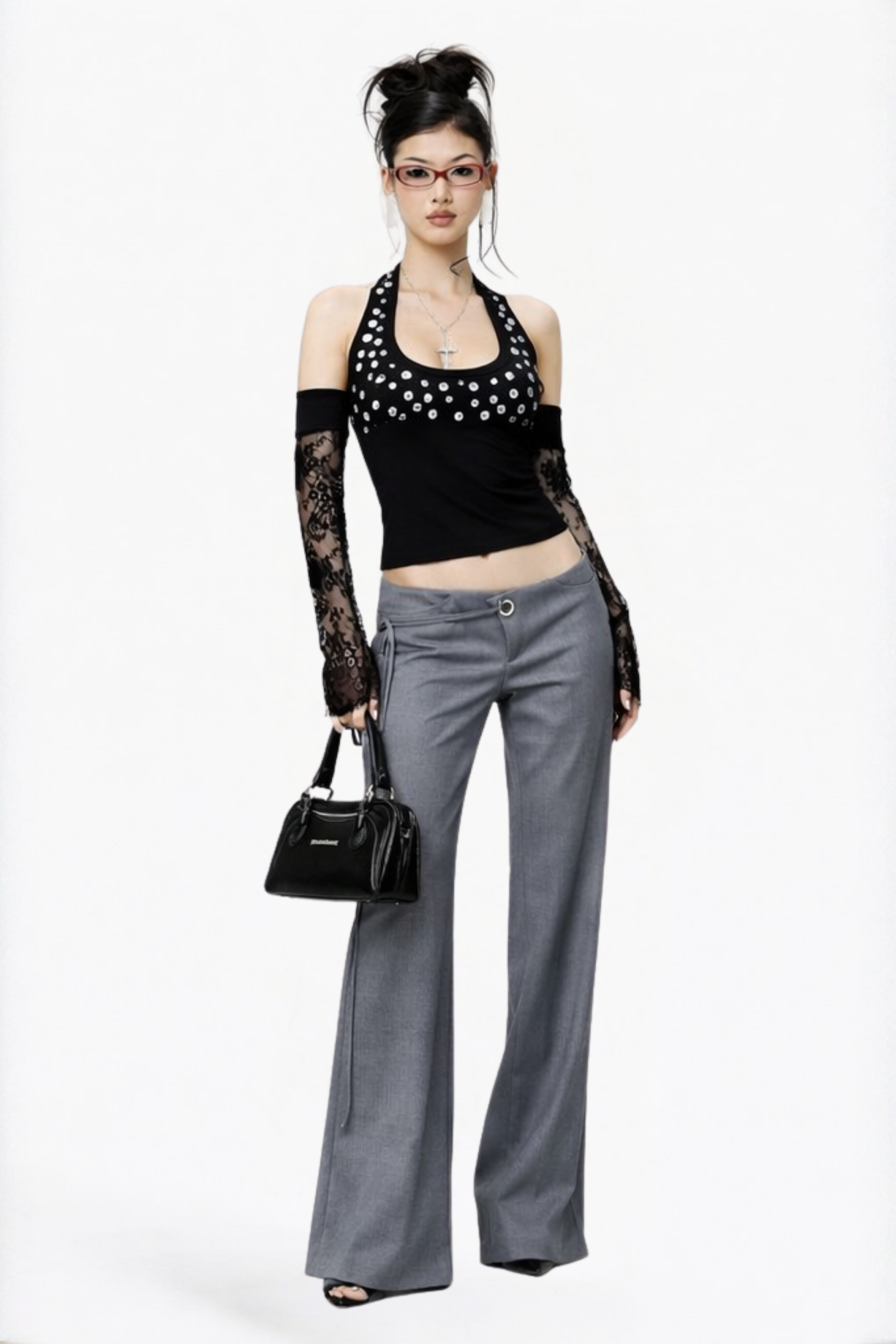 Black Polka Dot Studded Halter Top