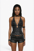 Black Distressed Cut-Out Halter Denim Top