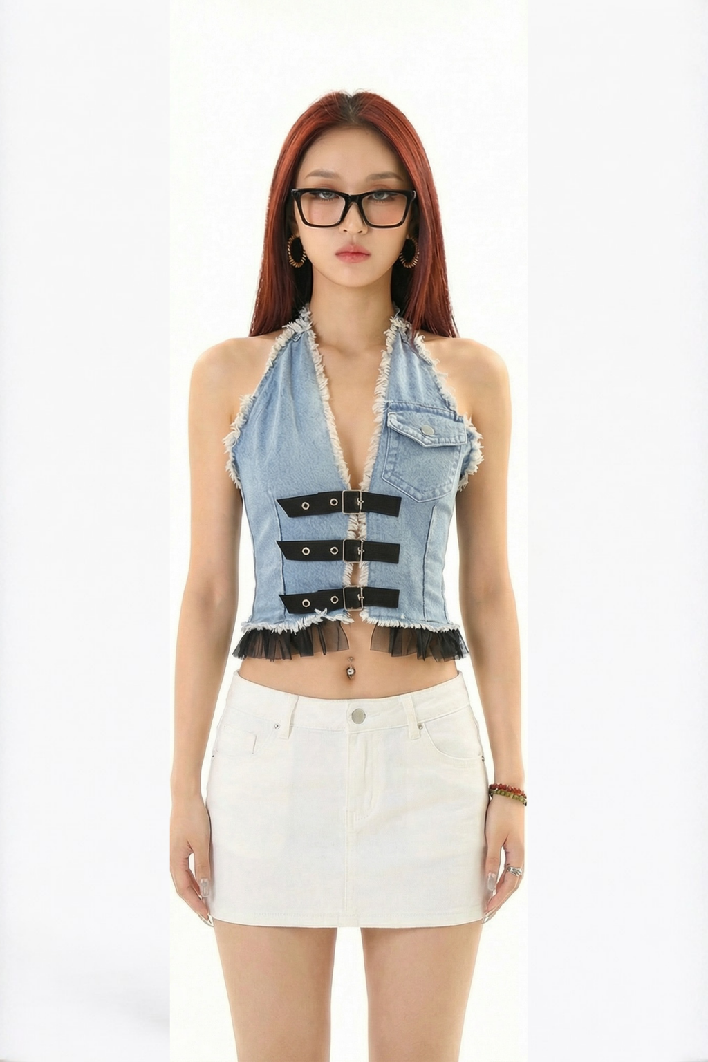 Light Blue Denim Buckled Halter Top