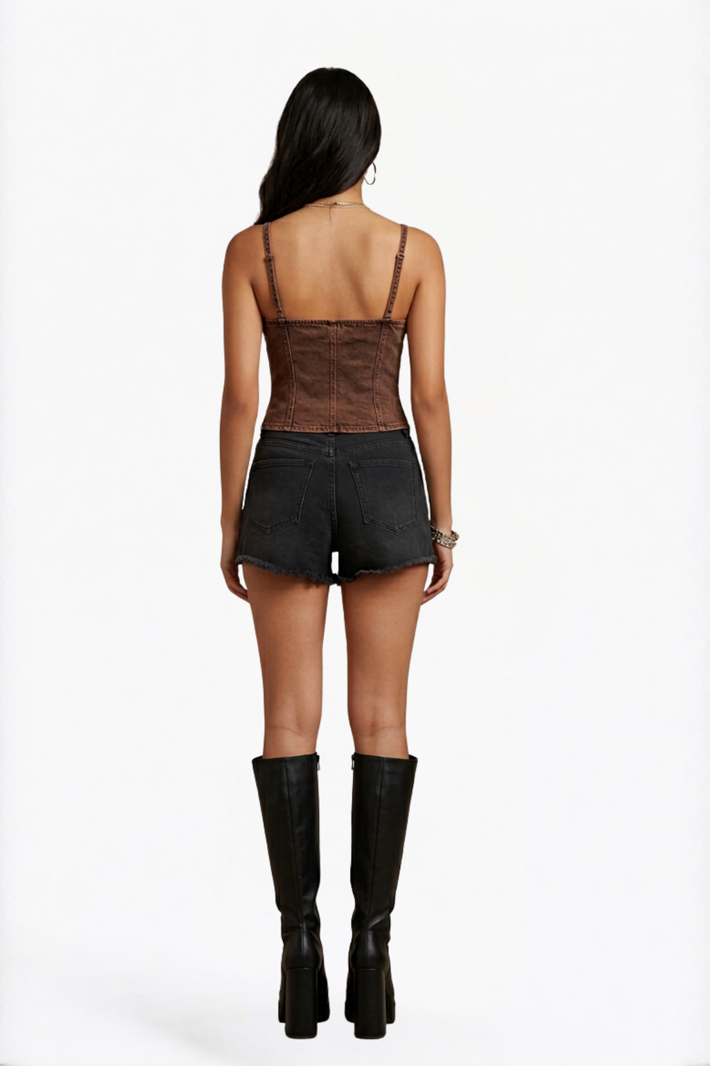 Brown Denim Lace-Up Corset Top