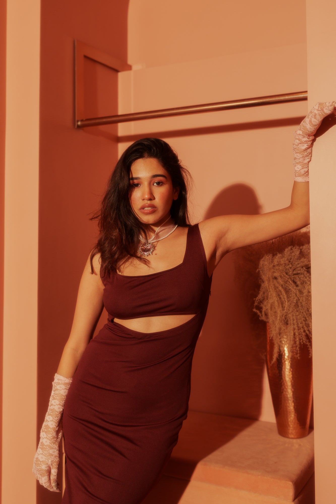 Burgundy Cut-Out Bodycon Midi Dress