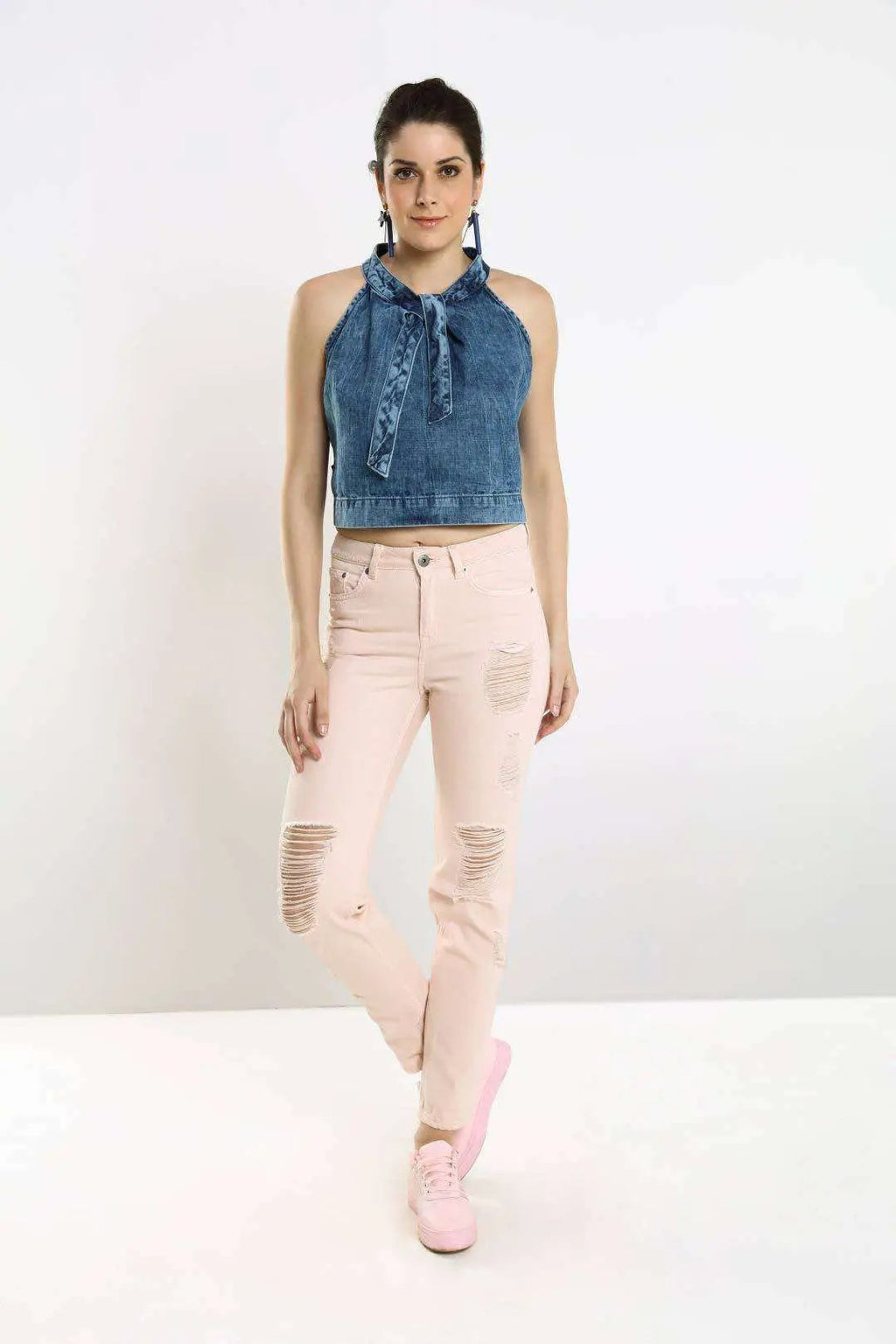 Mid Blue Denim Collar Tie-Knot Crop Top