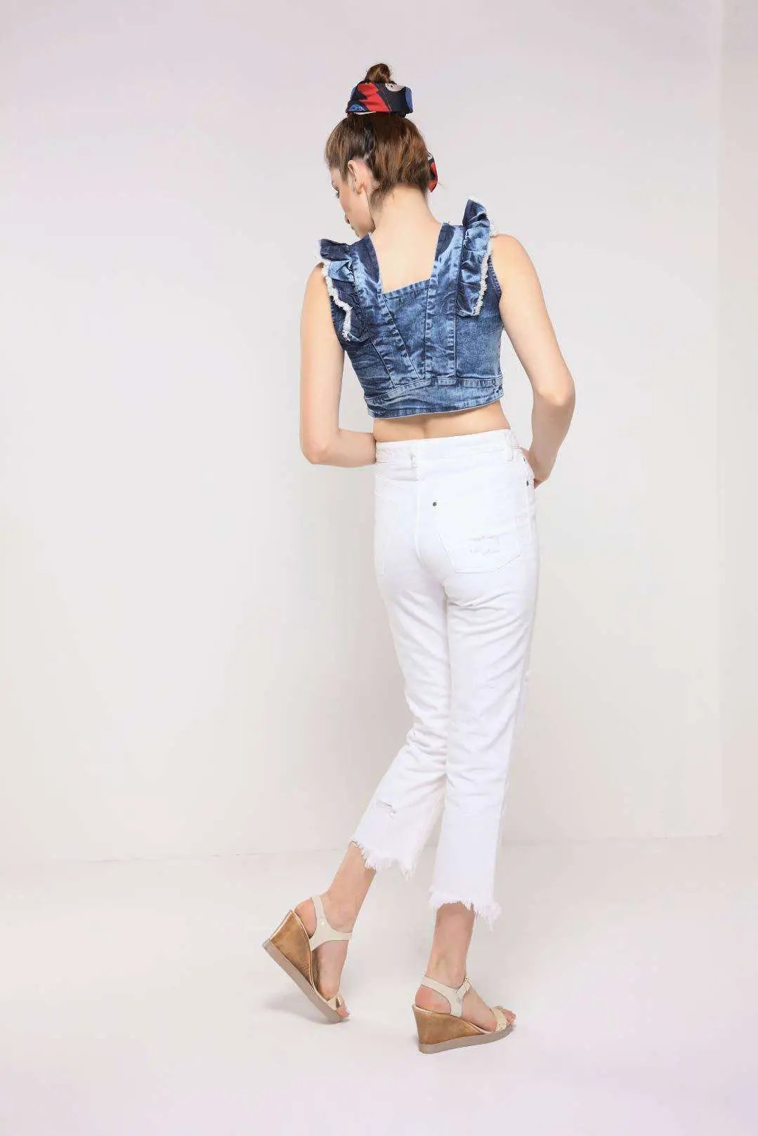 Dark Blue Sleeveless Frilled Denim Crop Top