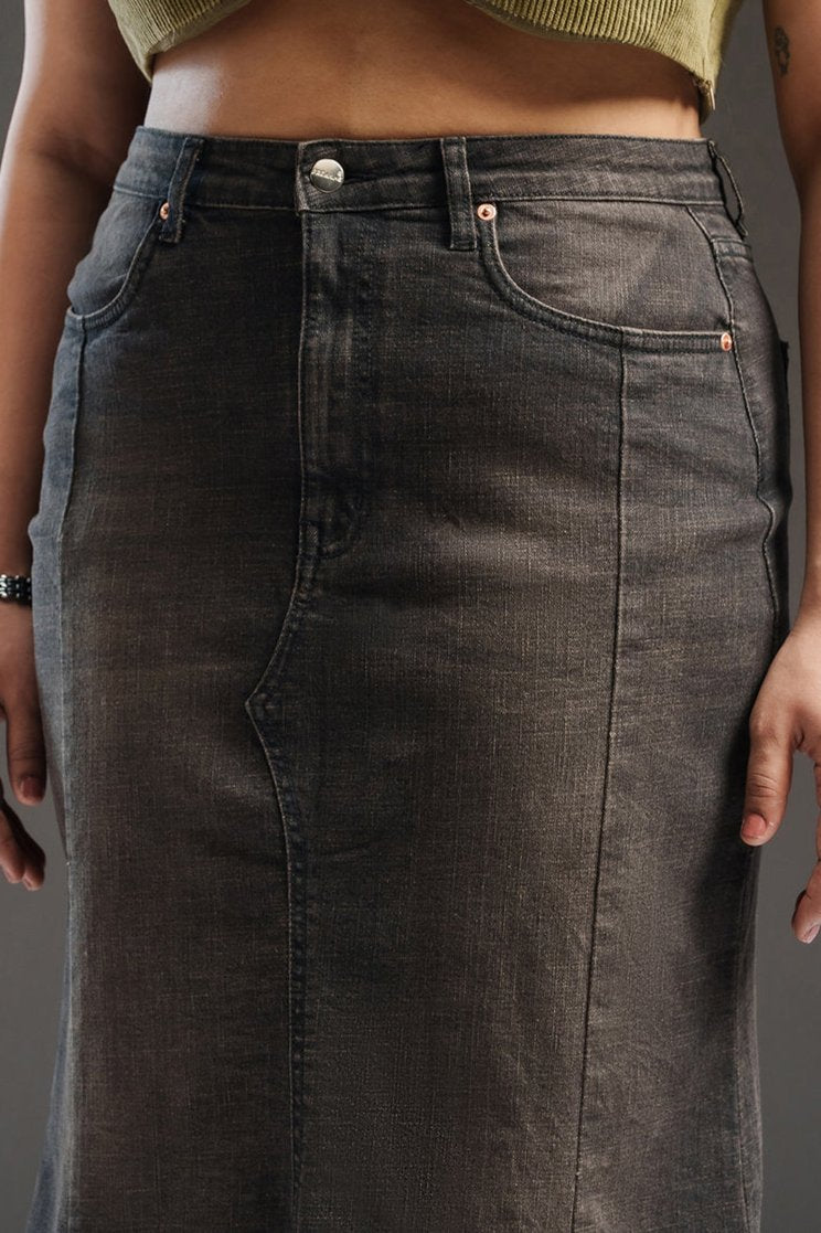 Uptown Black Curve Denim Midi Skirt