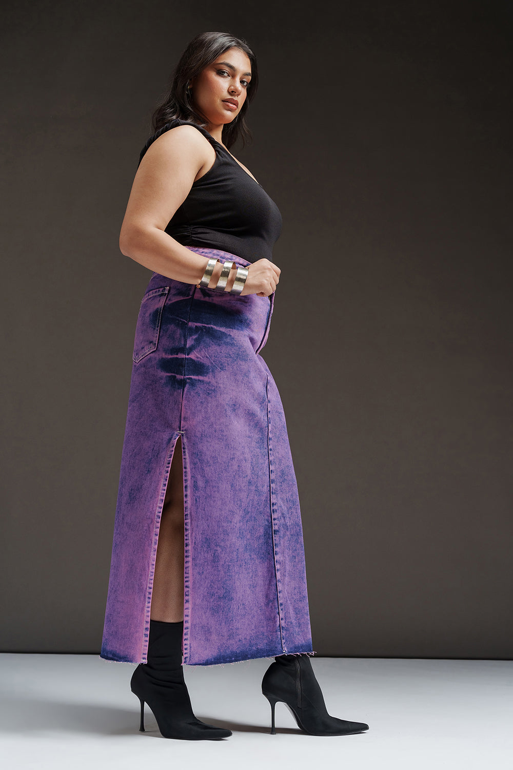 Purple Glam Curve Denim Side Slit Maxi Skirt