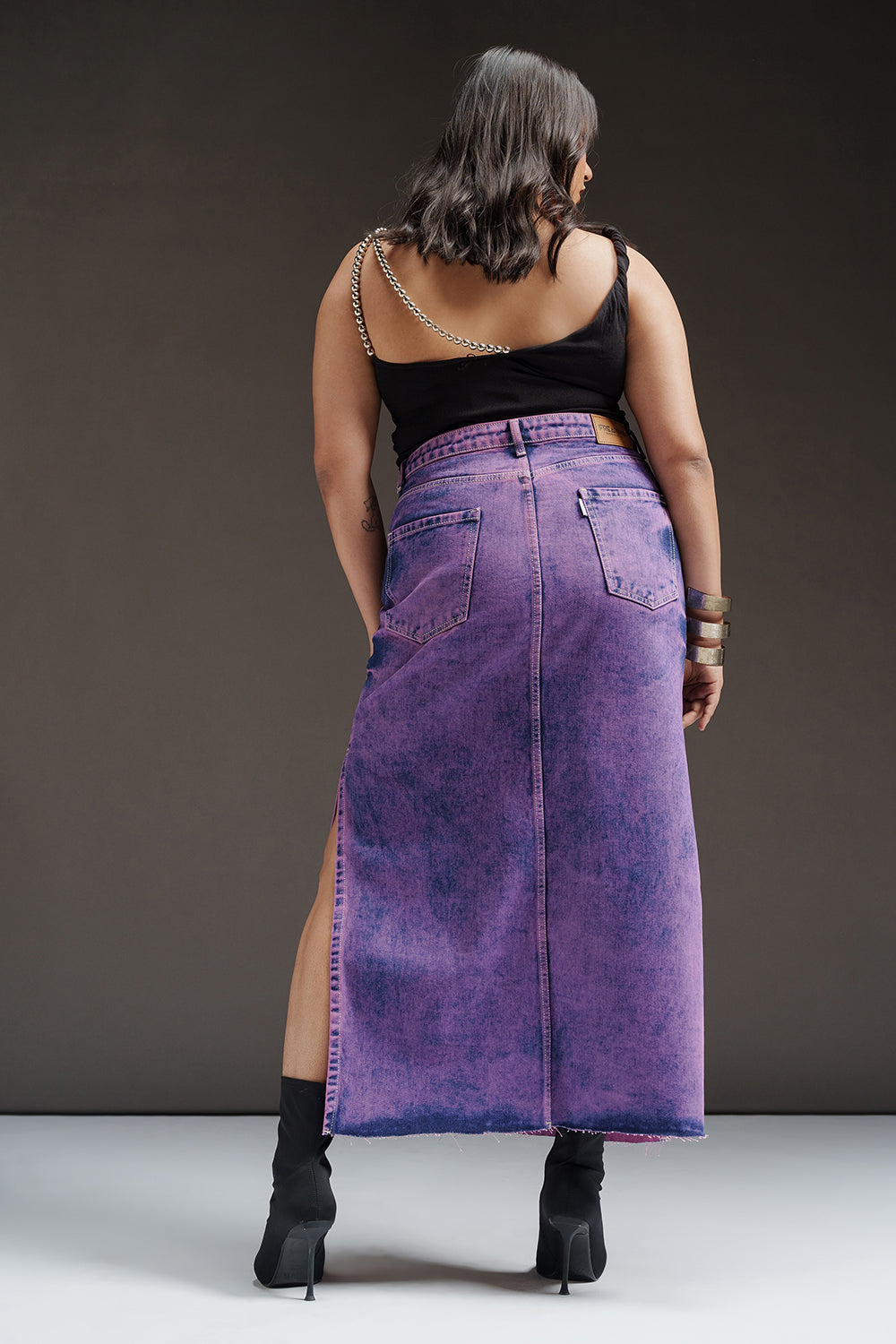 Purple Glam Curve Denim Side Slit Maxi Skirt